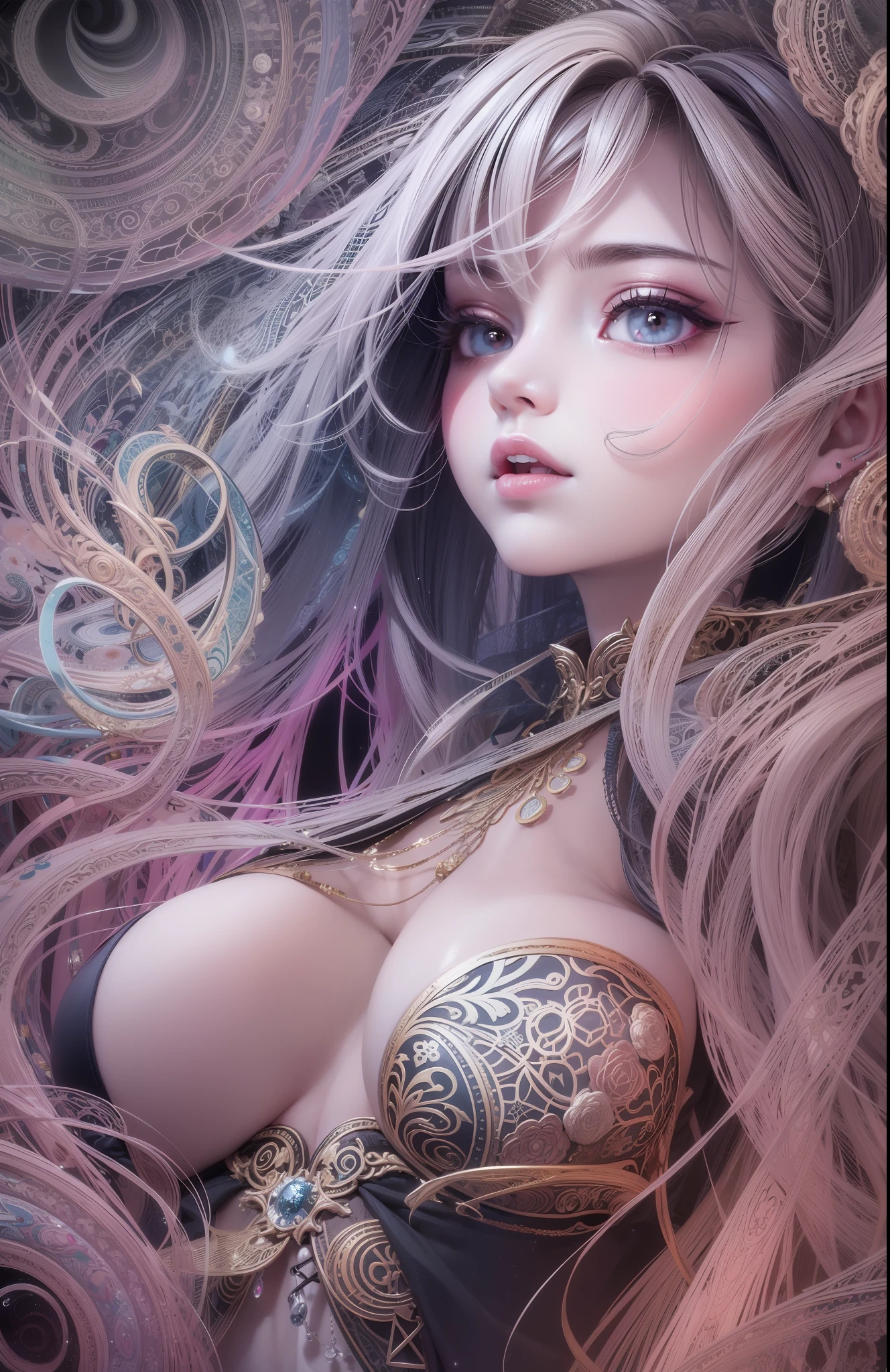 official art, unity 8k wallpaper, ultra detailed, beautiful and aesthetic, masterpiece, best quality, (zentangle, mandala, tangle, entangle), (fractal art:1.3) , 1girl, extremely detailed, dynamic angle, cowboyshot, the most beautiful form of chaos, elegant, a brutalist designed, vivid colours, romanticism, , atmospheric, ecstasy of musical notes, streaming musical notes visible