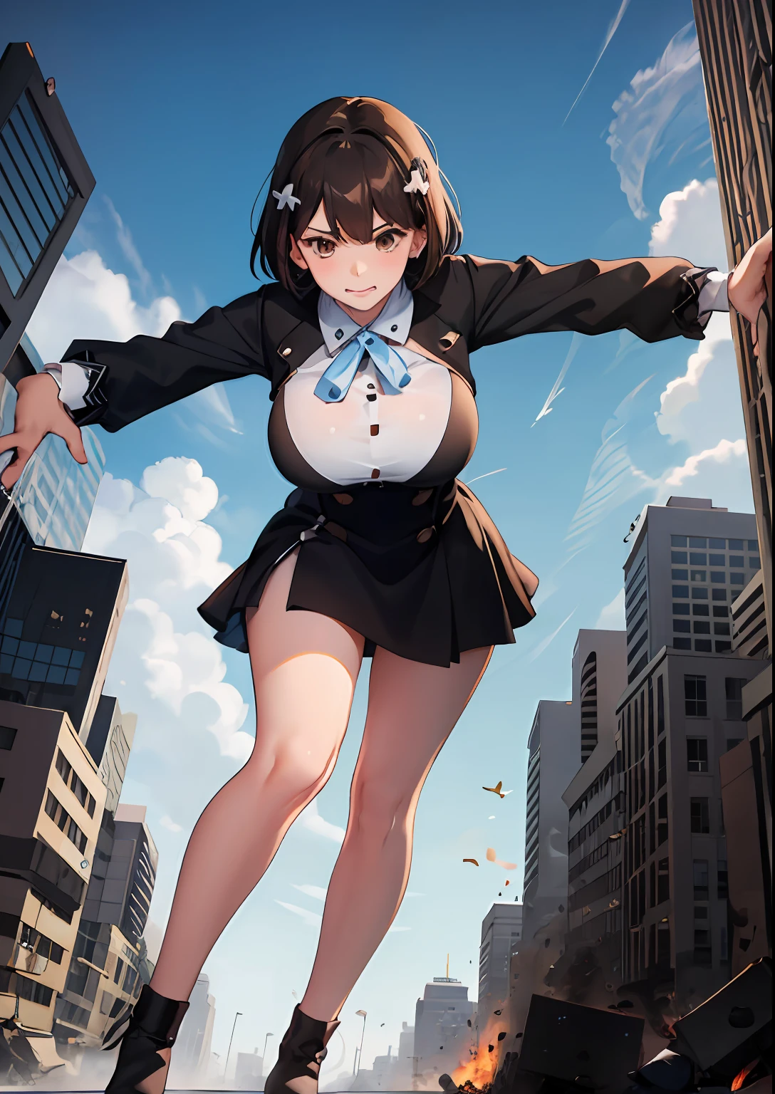 serious, closed mouth, looking afar, brown eyes,Gts,Looming,Rampage,big boobs,Giggling,looking down at viewer,short hair,twins,2girls