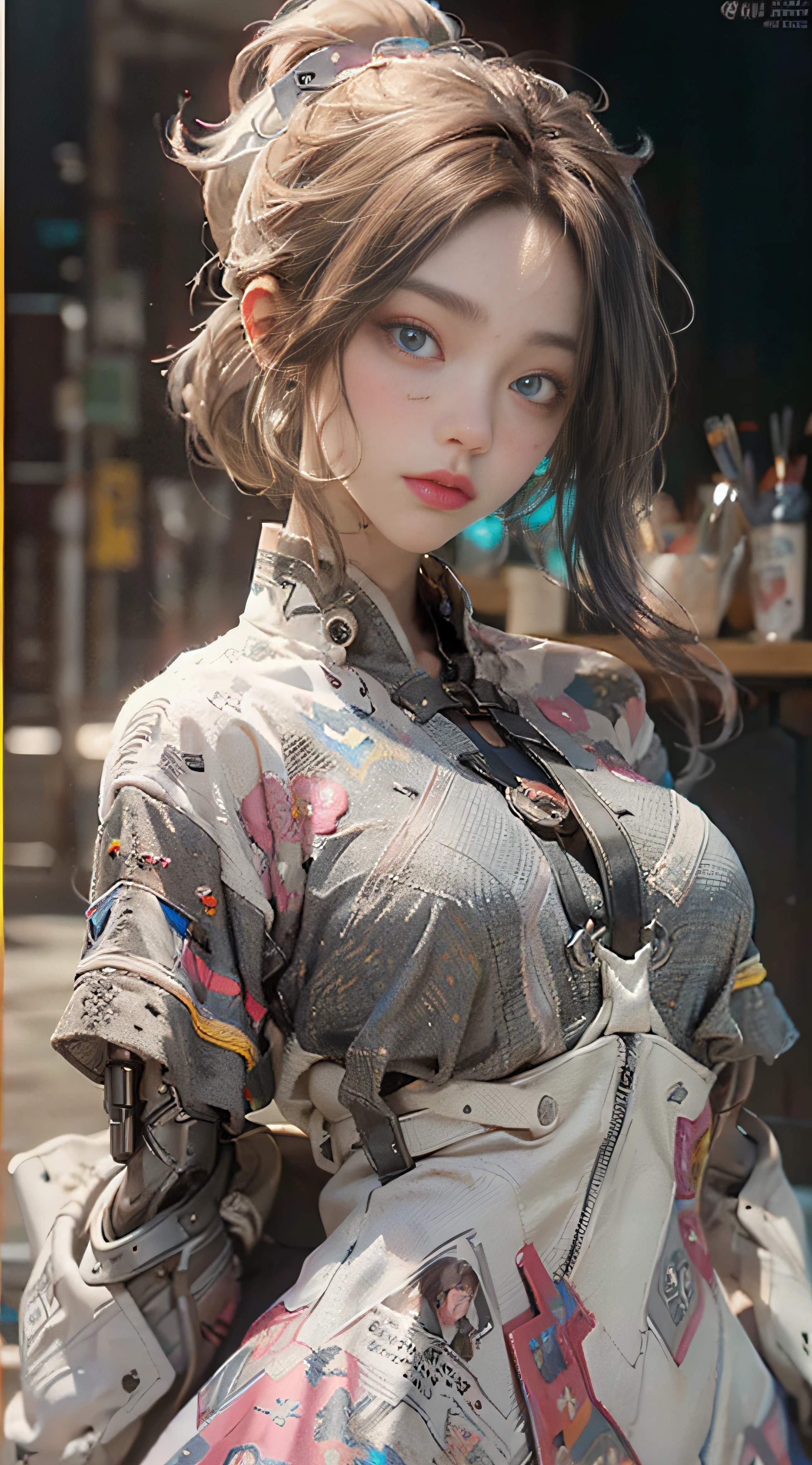 ((Best Quality)), ((Masterpiece)), (Detail: 1.4), 3D, Beautiful Cyberpunk Female Image, HDR (High Dynamic Range), Ray Tracing, NVIDIA RTX, Super Resolution, Unreal 5, Subsurface Scattering, PBR Texture, Post-Processing, Anisotropic Filtering, Depth of Field, Maximum Sharpness and Sharpness, Multi-layer Texture, Albedo and Highlight Mapping, Surface Coloring, Mitsu-Accurate Simulation of Material Interactions, Perfect Proportions, Octane Rendering, Two-color Light, Large Aperture, Low ISO, white balance, regular three-point, 8K RAW, beautiful bright pupils, newspaper clothes, fine pupils, delicate face and eyes, long eyelashes, blush, fluffy hair, pink lips, pure, cute, sweet girl, newspaper wall background, casual wear, high-end sense