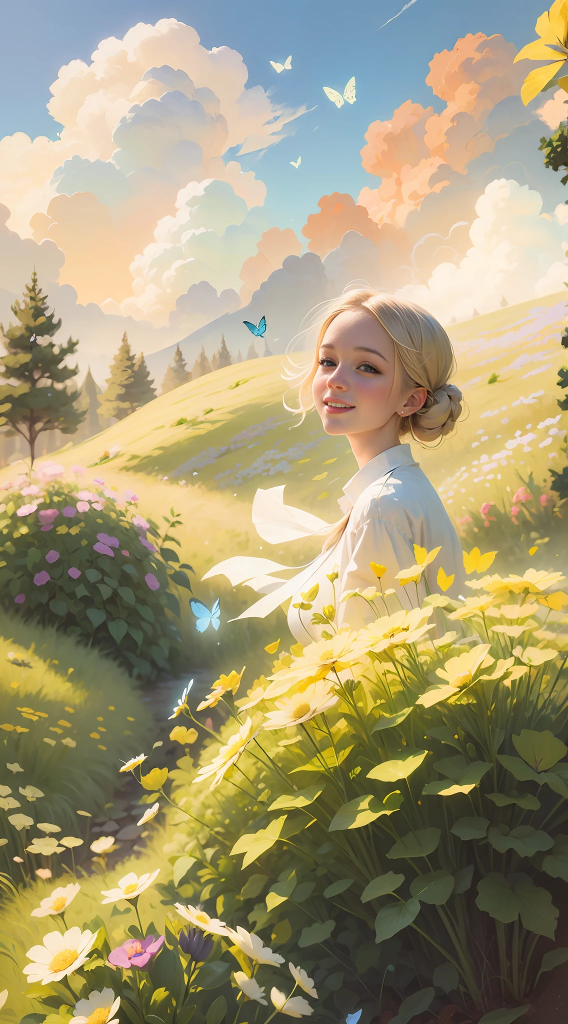 Illustration of a blonde girl with long hair, 10 years old, "happy" in an enchanted flower field, blue sky of clouds, playing with butterflies, beautiful illustration, beautiful painting, beautiful UHD 4k art, beautiful art, a beautiful art illustration, art in the style of guweiz, beautiful painting, atey ghailan 8k, artgerm and atey ghailan, blonde girl with long hair, 10 years, happy in an enchanted field of flowers, playing with butterflies, (butterflies). (best quality, masterpiece), 1girl, pose, particle, wind, flower, full body, enchanted garden background, looking at butterflies. --auto