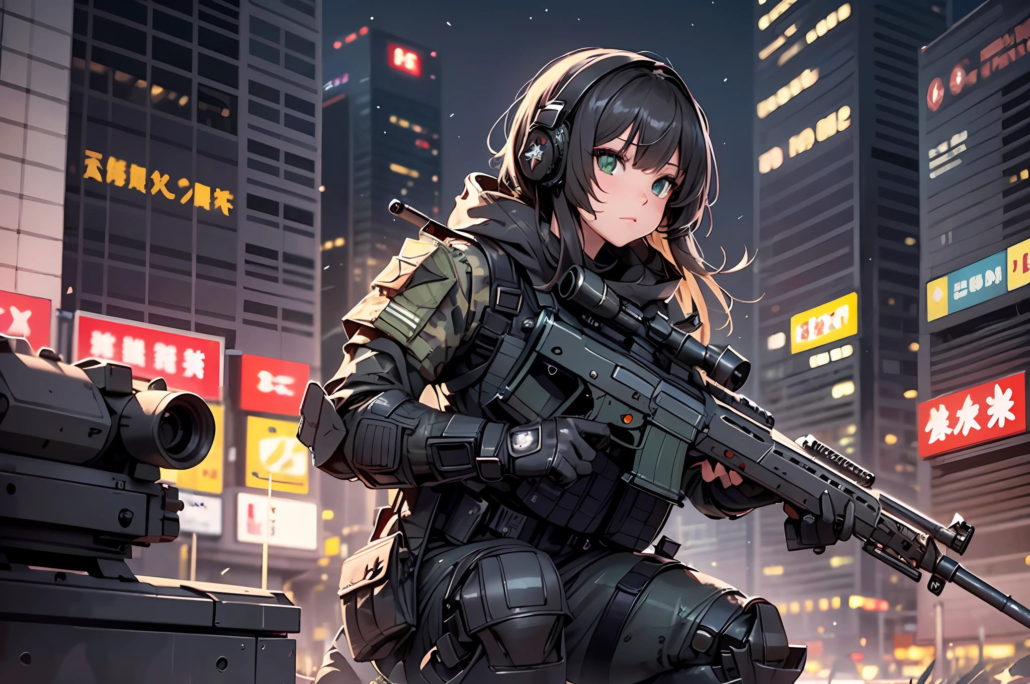 {{Masterpiece, top quality, highly detailed CG, 16K, movie lighting, lens flare}}, (1 girl soldier sniping a huge military robot with a large rifle), (black combat uniform), wide view, thick body, Photorealism: 1.4, long blonde hair, green eyes, have multiple weapons, aiming accuracy 1.4, anti-tank gun, direct light, on rubble, 35mm depth of field, f/1.8, night footage, (((Special Forces SWAT in combat Shinjuku at night)), (sniping with a large rifle), from side, HDR, hyper detailed, giant robot wreckage, (wide angle lens), after-findings