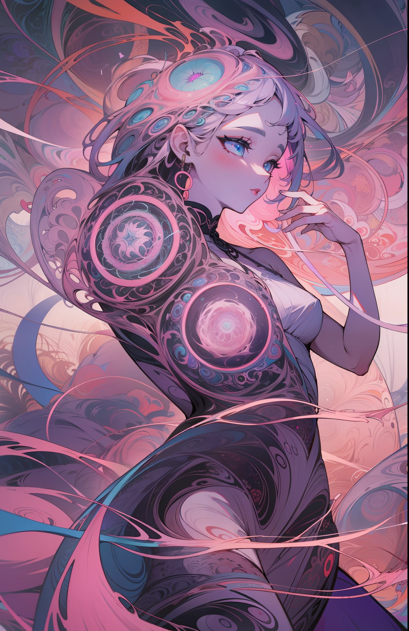 official art, unity 8k wallpaper, ultra detailed, beautiful and aesthetic, masterpiece, best quality, (zentangle, mandala, tangle, entangle), (fractal art:1.3) , 1girl, extremely detailed, dynamic angle, cowboyshot, the most beautiful form of chaos, elegant, a brutalist designed, vivid colours, romanticism, atmospheric, ecstasy of musical notes, streaming musical notes visible