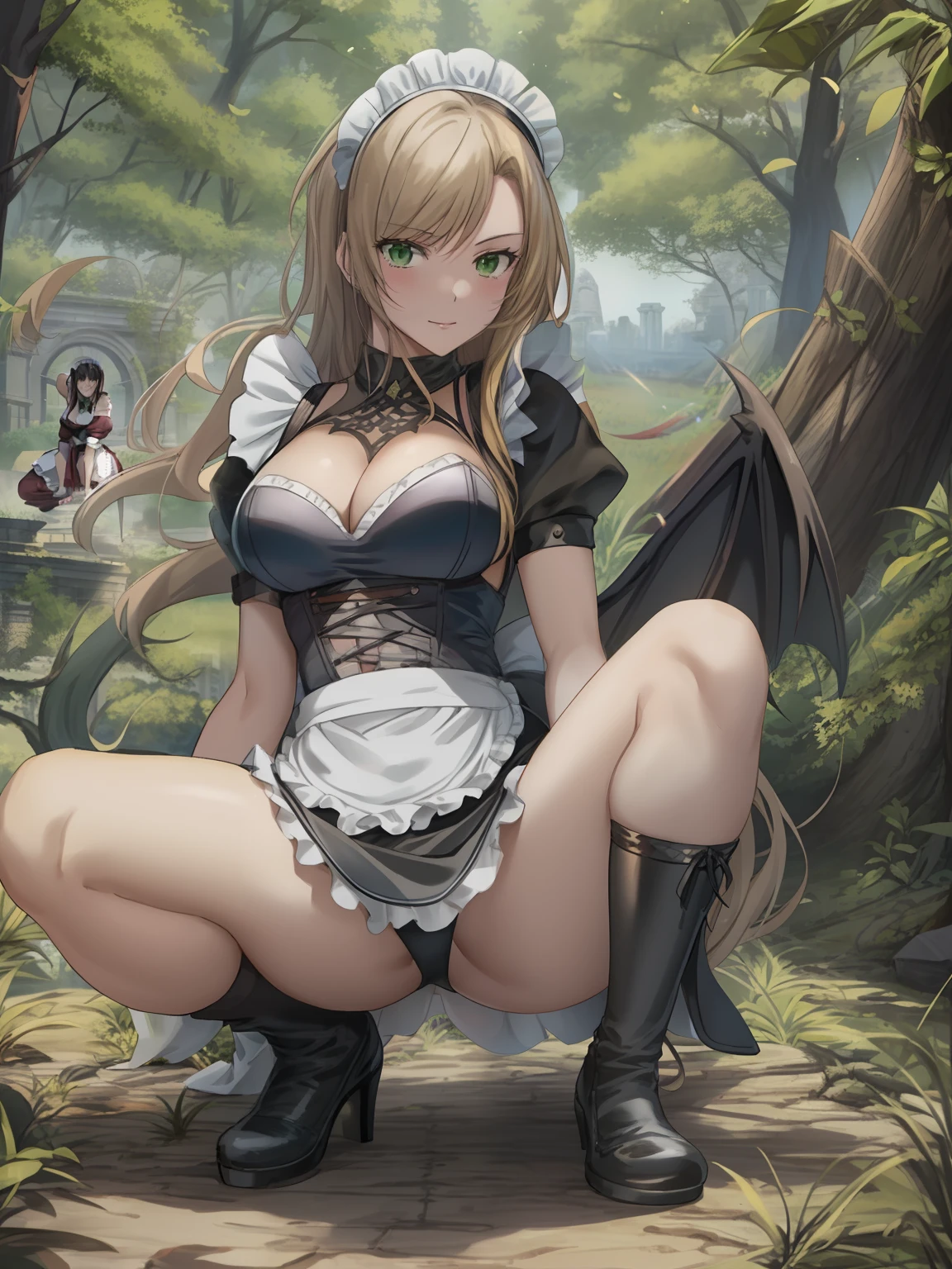 anime girl laying on the ground with her legs spread out, the anime girl is crouching, a sexy maid in a magical forest, natalie from epic battle fantasy, juri misaki, rogue anime girl, morrigan, beautiful anime girl squatting, giantess art, tifa, seductive anime girl, ancient ruins behind her, nico robin, surrounding the city