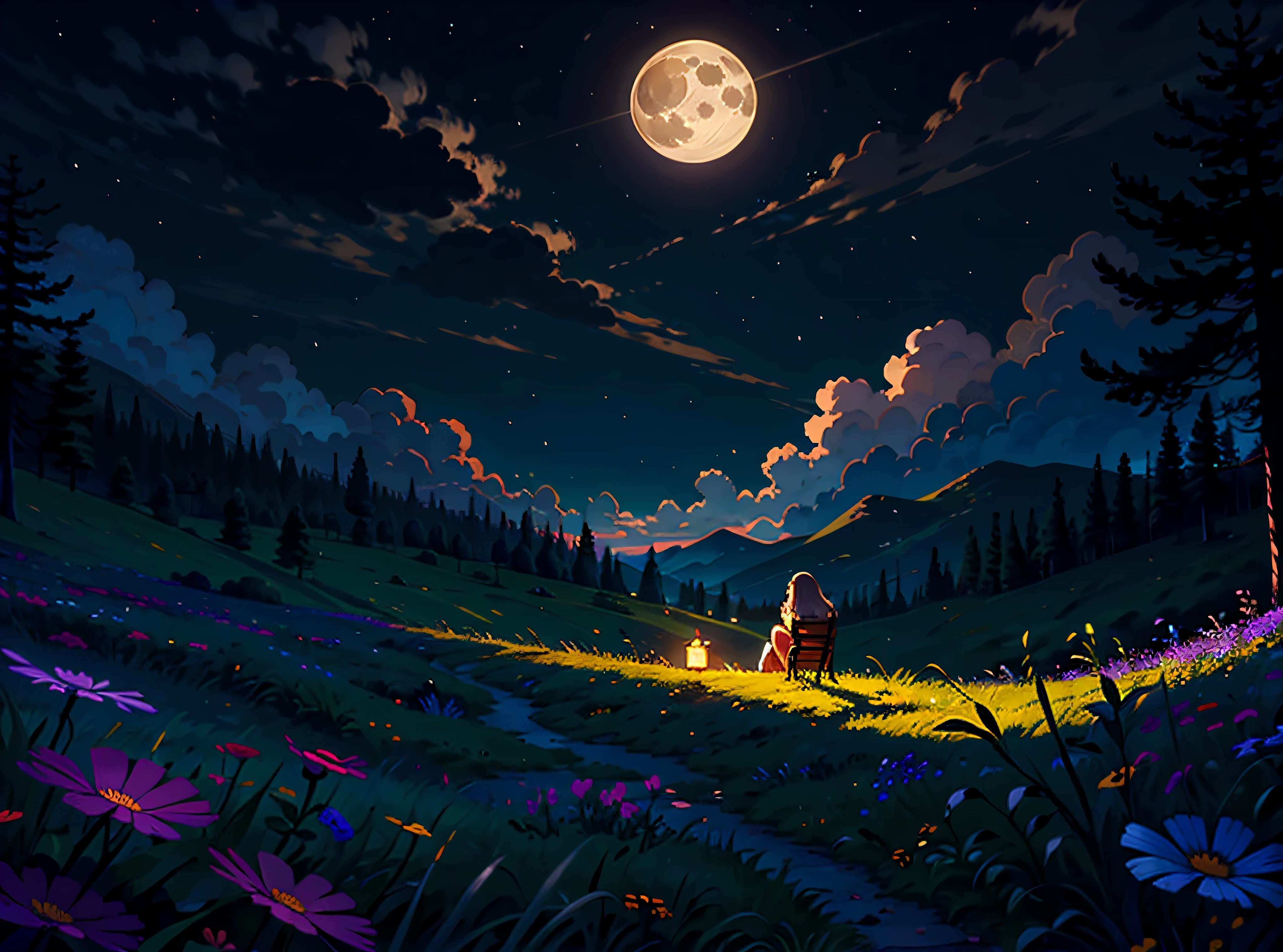 (masterpiece:1.2, best quality), (super detailed), (illustrated), (super high), (exquisite illustration), (super detailed), (ultra detail:1.3), light professional lighting, cinematic lighting, (nostalgic and peaceful: 1.3), professional (landscape painting) nature, moonlight, moonlight on the meadow, 1 person watching the moon, purple flowers on the grass (clouds) black, dark night, big and full moon, dark light)