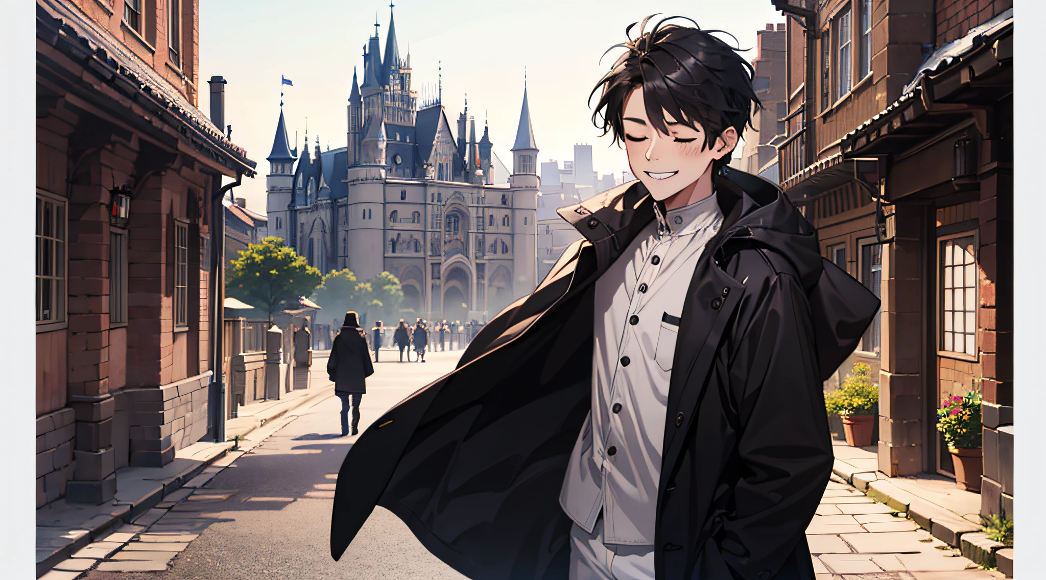 (Ridiculous, High Resolution), 16k, (Panorama), Little Boy, Junior, Closed Eyes, Smile, Short Hair, Black Hair, Black Coat, White Underwear, Extreme Detail, Background Western-style Town and Castle,