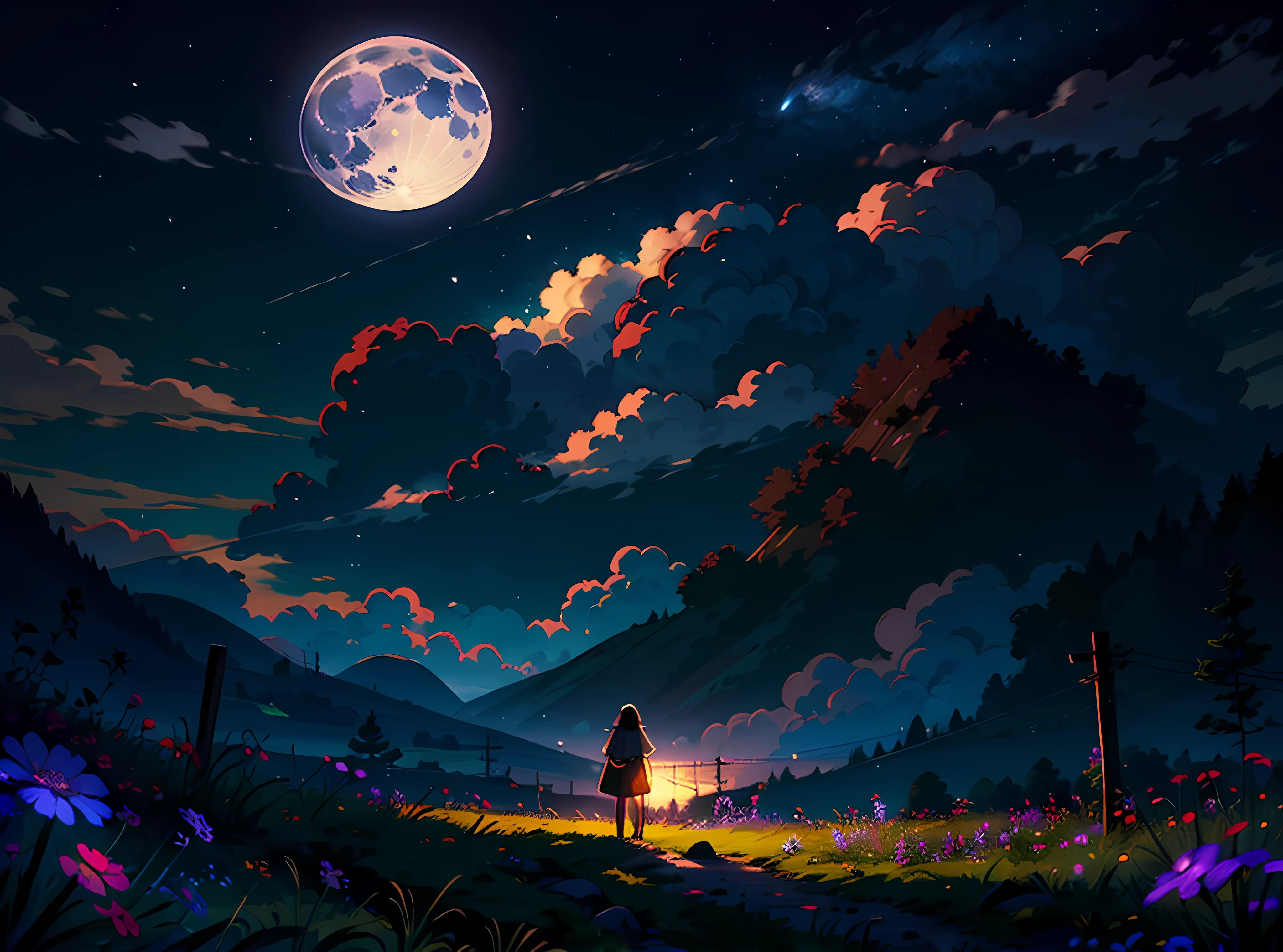 (masterpiece:1.2, best quality), (super detailed), (illustrated), (super high), (exquisite illustration), (super detailed), (ultra detail:1.3), light professional lighting, cinematic lighting, (nostalgic and peaceful: 1.3), professional (landscape painting) nature, moonlight, moonlight on the meadow, 1 person watching the moon, purple flowers on the grass (clouds) black, dark night, big and full moon, dark light)
