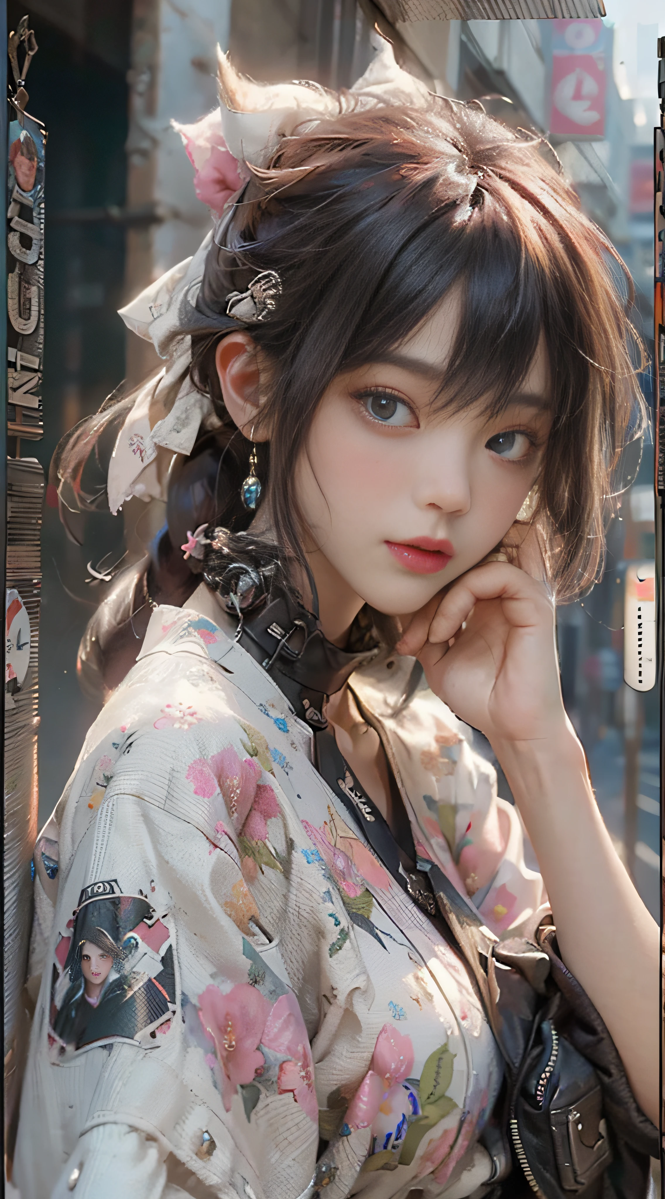 ((Best Quality)), ((Masterpiece)), (Detail: 1.4), 3D, Beautiful Cyberpunk Female Image, HDR (High Dynamic Range), Ray Tracing, NVIDIA RTX, Super Resolution, Unreal 5, Subsurface Scattering, PBR Texture, Post-Processing, Anisotropic Filtering, Depth of Field, Maximum Sharpness and Sharpness, Multi-layer Texture, Albedo and Highlight Mapping, Surface Coloring, Mitsu-Accurate Simulation of Material Interactions, Perfect Proportions, Octane Rendering, Two-color Light, Large Aperture, Low ISO, white balance, regular three-point, 8K RAW, beautiful bright pupils, newspaper clothes, fine pupils, delicate face and eyes, long eyelashes, blush, fluffy hair, pink lips, pure, cute, sweet girl, newspaper wall background, casual wear, high-end sense