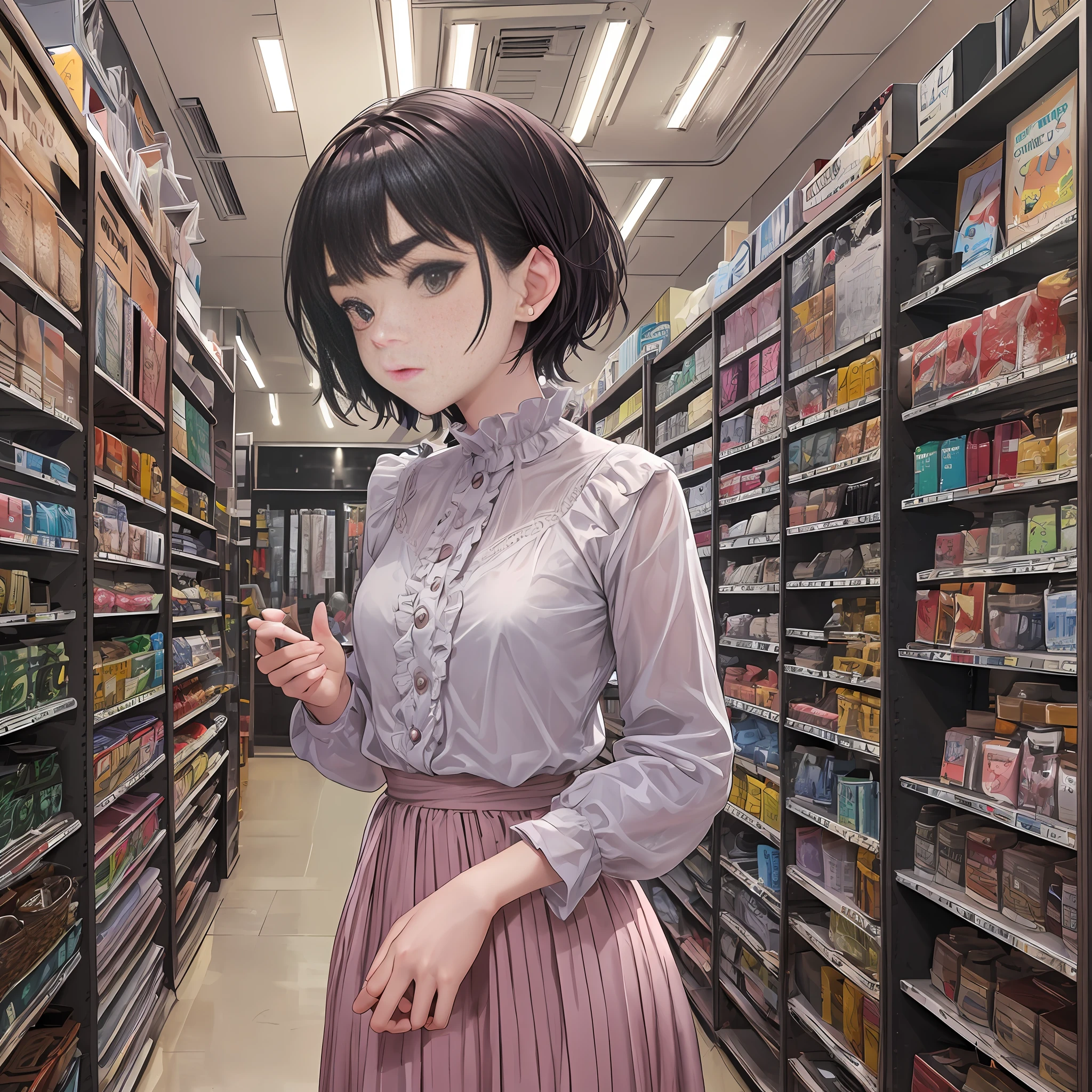 pink blouse, brown long skirt, clothes with ruffles, clothes store, in the store, in the fitting room, holding the curtain, black short hair, thick eyebrows, dignified eyebrows, clear white skin, black eye color, light purple eyeshadow, thin body, thin limbs, thin thighs, high stature, small chest,