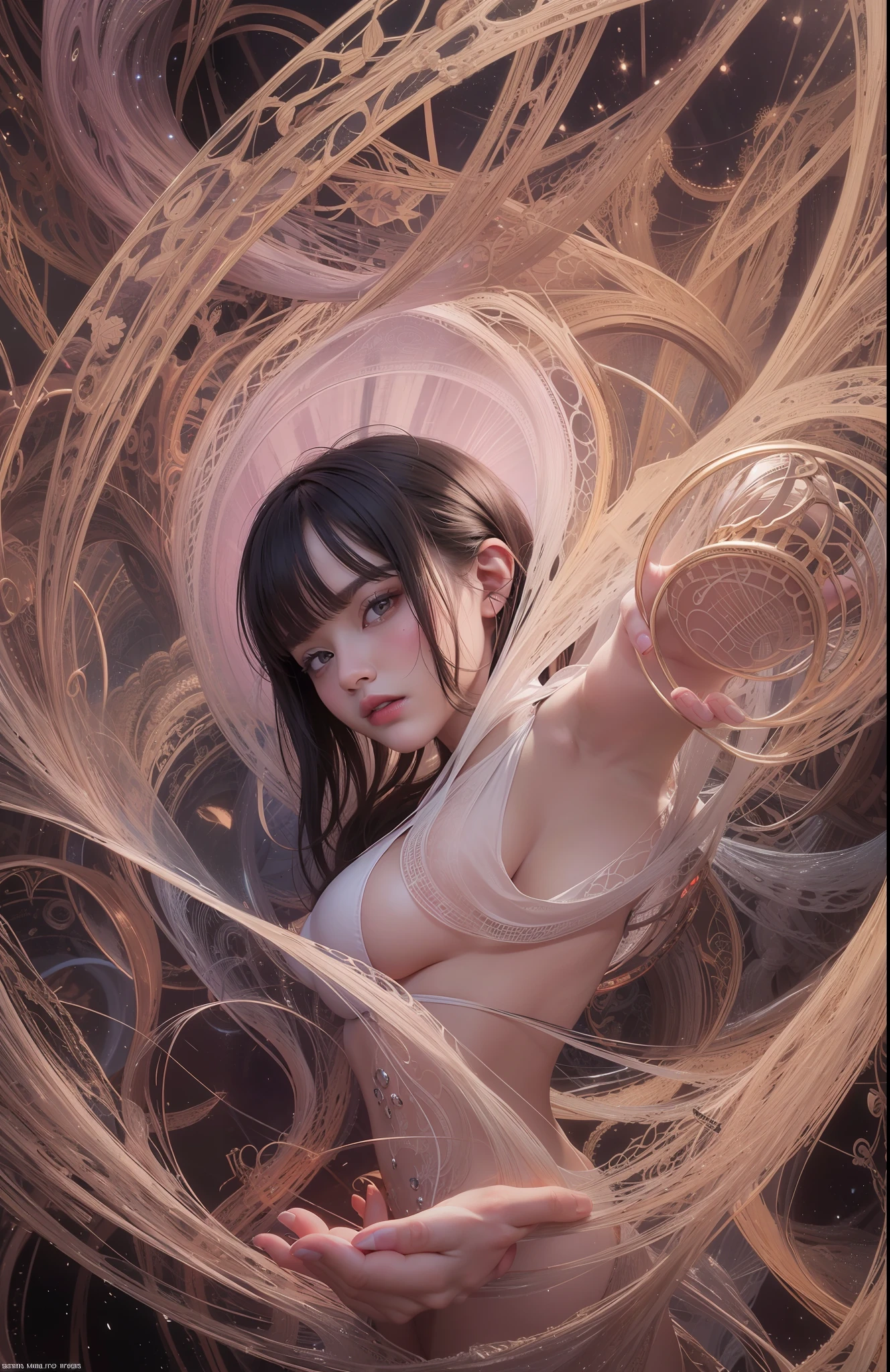 official art, unity 8k wallpaper, ultra detailed, beautiful and aesthetic, masterpiece, best quality, (zentangle, mandala, tangle, entangle), (fractal art:1.3) , 1girl, extremely detailed, dynamic angle, cowboyshot, the most beautiful form of chaos, elegant, a brutalist designed, vivid colours, romanticism, atmospheric, ecstasy of musical notes, streaming musical notes visible
