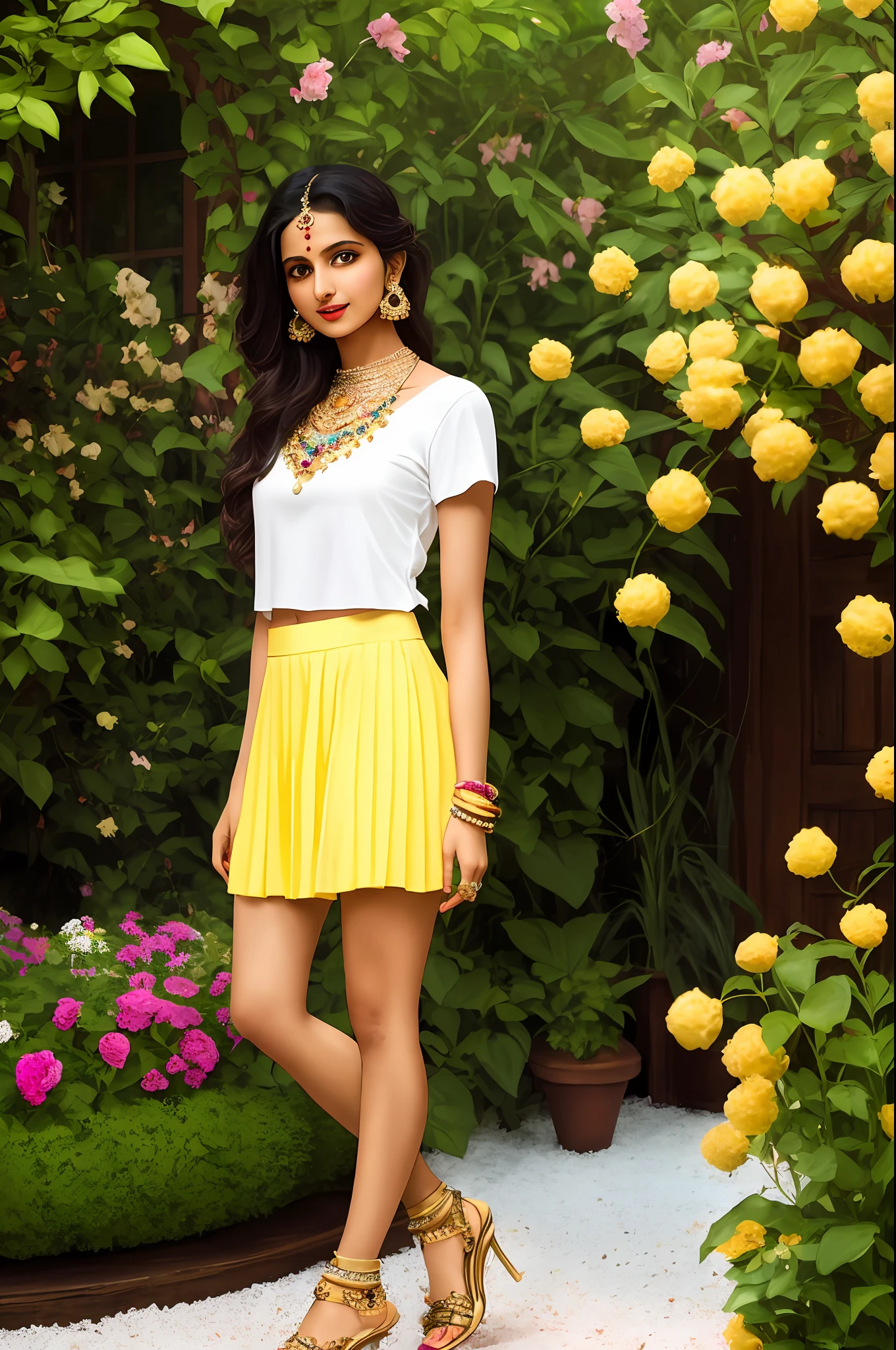 Sure! Here's an optimized prompt based on the given description:
"A seductive Indian girl, adorned with exquisite jewelry, wearing a dark white top and light yellow  raffle skirt . Showcasing her  legs in a realistic and highly detailed manner, she poses alluringly in  front of the camera. In Garden. Eating ice cream pose