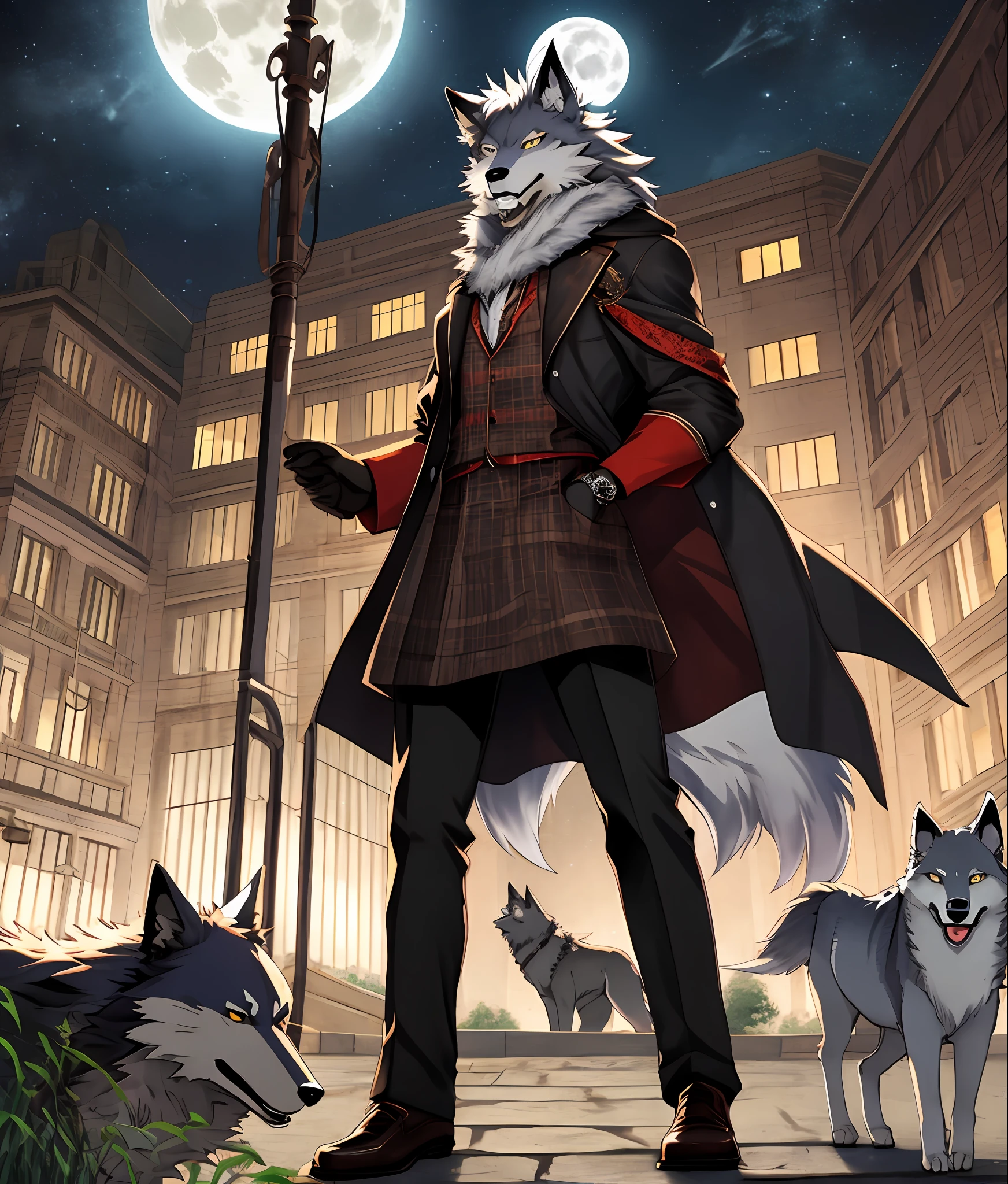 Full moon illuminates the darkness while the wolf howls at night.