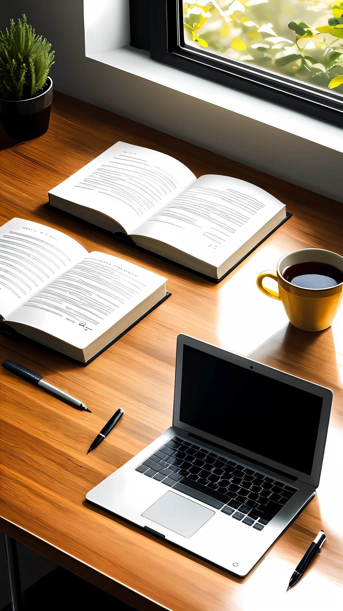 A close-up of study table with a laptop in the center, books on the right and pens on the left, lovely photograph with the sun shining from the left and every scene that is enveloped by a soft bright golden color, beautiful natural photography, beautiful detailed photography with focus on the table, realistic photography illustration, beautiful digital illustration, Beautiful realistic study environment, beautiful digital art, study table