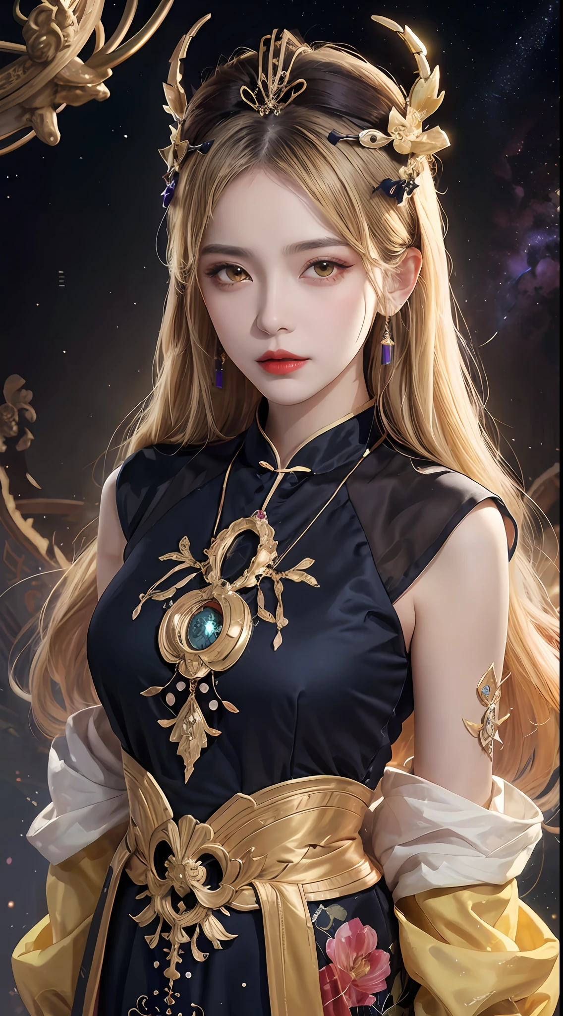 1 27-year-old girl, 1 zodiac goddess from the future, goddess of the pink and purple 12 zodiacs, the goddess of the zodiac in a yellow ao dai, a 12 zodiac ao dai with many black lace detail, mythology Goddess of the 12 zodiacs from the future, zodiac ♏, luxurious glittering zodiac style, dark and mysterious version, zodiac crown, lipstick lips red, thin and beautiful lips, Smile makes viewers fall in love, characters made by karol bak and pino daeni, intricate detail, detailed background, extremely detailed, light magic, a woman, clear face, look at the face of goddess zodialook at the zodiac goddess face, hair long with bangs, beautiful face in detail and well-proportioned eyes, (transparent yellow eyes: 1.8), big round eyes and very beautiful and detailed makeup, foresight, silk dress, mysterious makeup, double bangs and dyed light blonde, uper body, zodiac goddess uper body, arms hanging loosely, Realistic and vivid photo, (stars make up the zodiac: 1.7), (sky background zodiac and fictitious space and time portal: 1.8), fiction art, RAW photo, hanfu picture, best photo, best photo quality, 8k quality, 8k ultra, super realistic, real photo most economical, artistic portrait of goddess zodiac,