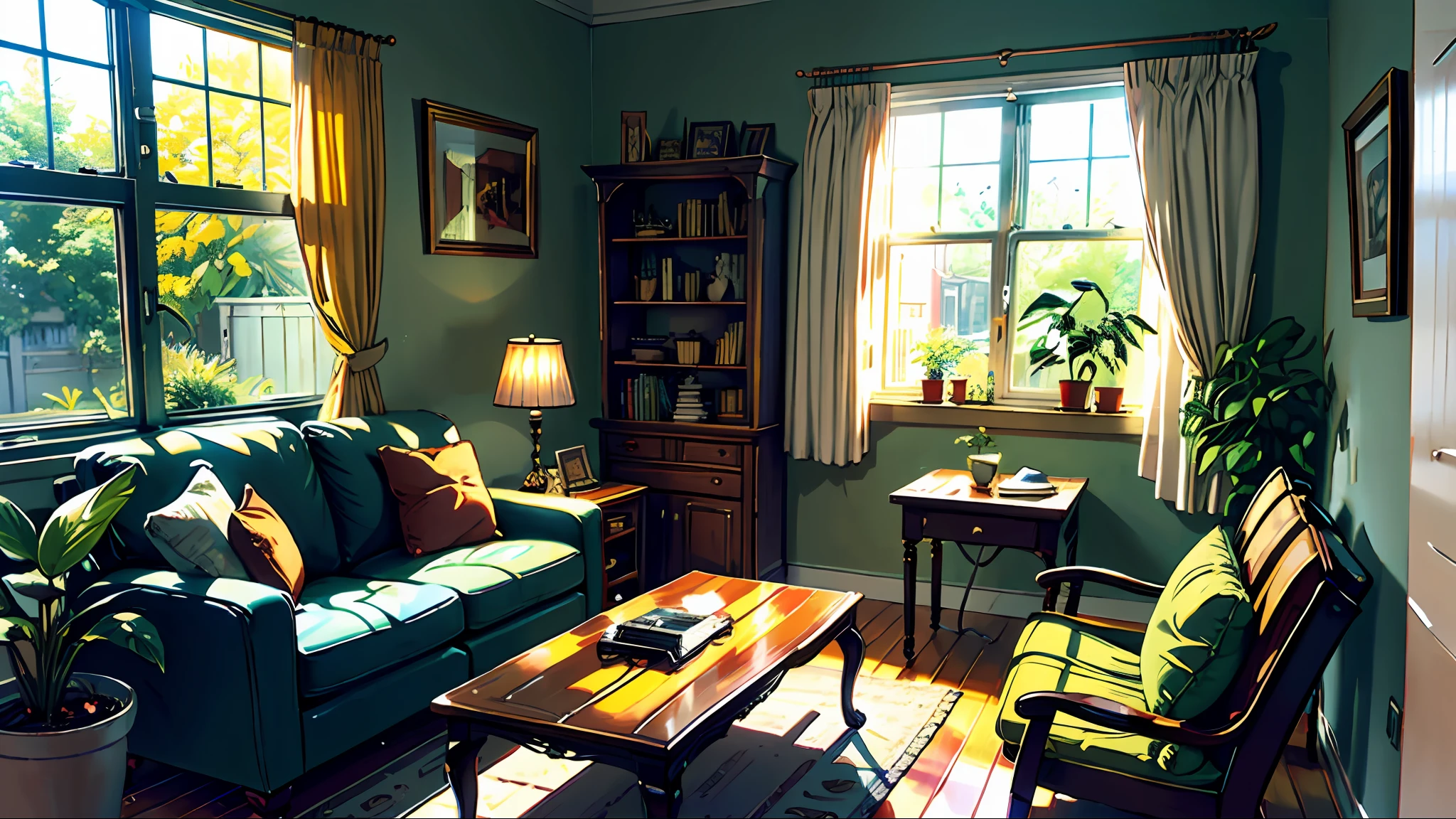 living room, sofa, window, curtain, dappled sunlight, potted plants, table, cupboard, bookcase, paper, table lamp, typewriter,
Dynamic angle,