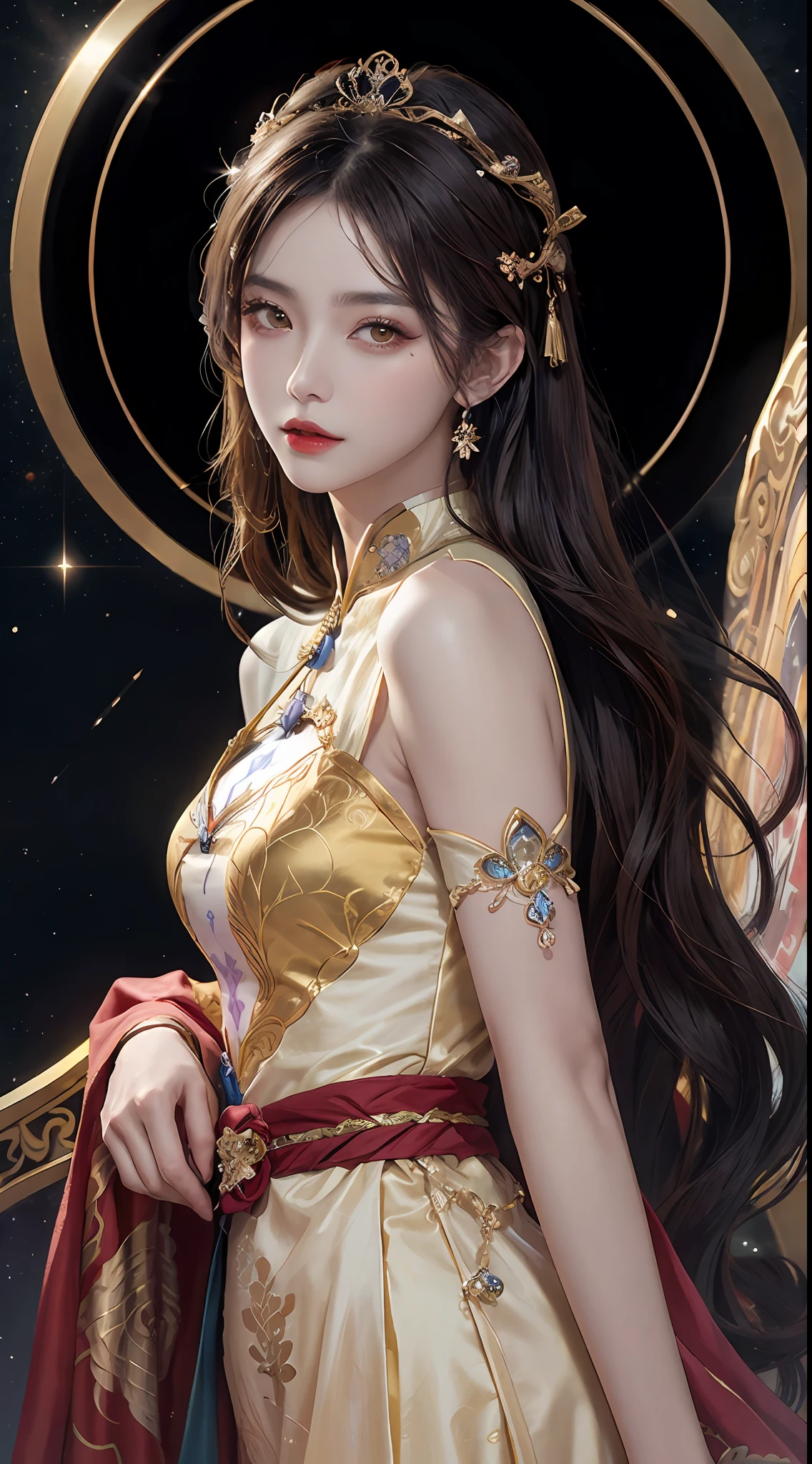 1 27-year-old girl, 1 zodiac goddess from the future, goddess of the pink and purple 12 zodiacs, the goddess of the zodiac in a yellow ao dai, a 12 zodiac ao dai with many black lace detail, mythology Goddess of the 12 zodiacs from the future, zodiac ♏, luxurious glittering zodiac style, dark and mysterious version, zodiac crown, lipstick lips red, thin and beautiful lips, Smile makes viewers fall in love, characters made by karol bak and pino daeni, intricate detail, detailed background, extremely detailed, light magic, a woman, clear face, look at the face of goddess zodialook at the zodiac goddess face, hair long with bangs, beautiful face in detail and well-proportioned eyes, (transparent yellow eyes: 1.8), big round eyes and very beautiful and detailed makeup, foresight, silk dress, mysterious makeup, double bangs and dyed light blonde, uper body, zodiac goddess uper body, arms hanging loosely, Realistic and vivid photo, (stars make up the zodiac: 1.7), (sky background zodiac and fictitious space and time portal: 1.8), fiction art, RAW photo, hanfu picture, best photo, best photo quality, 8k quality, 8k ultra, super realistic, real photo most economical, artistic portrait of goddess zodiac,