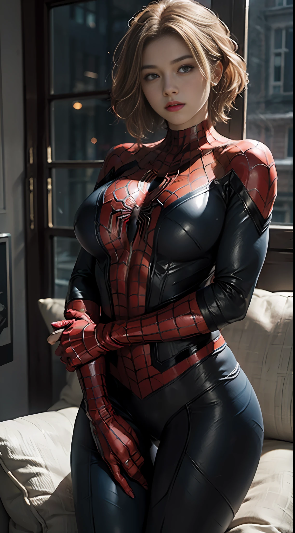 (Extreme Detail CG Unity 8K wallpaper, masterpiece, top quality), (exquisite lighting and shadows, very dramatic images, cinematic lens effects), girl in white Spider-Man costume, blonde hair color, Spider-Man parallel universe, Wenger, Marvel, Spider-Man, sitting on the sofa, dynamic pose), (excellent detail, excellent lighting, wide angle), (excellent rendering, enough to stand out in its class), white Spider-Man costume, focusing on intricate spider textures, huge breasts, huge breasts, chests that are about to tear clothes