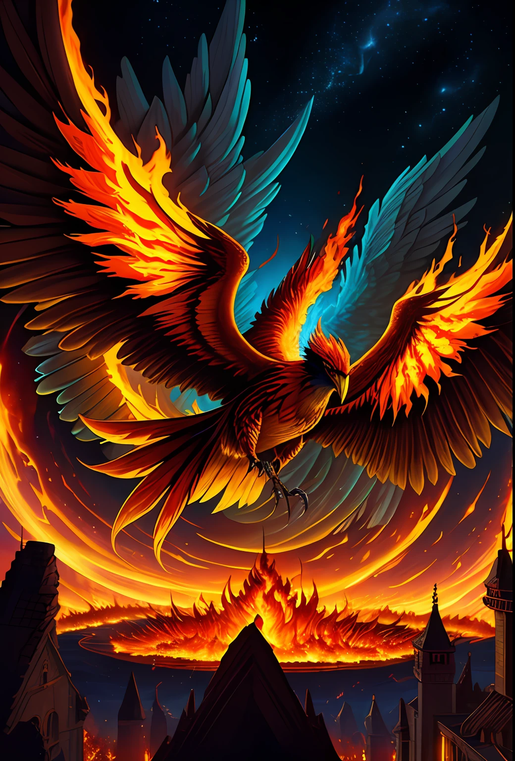 ((Best Quality)), ((Masterpiece)), ((Surrealism)), ((Surrealist Fantasy Style)), Jim Lee's beautiful intricate soft oil paintings, mythical birds of prey, facing the audience, a stunningly beautiful and powerful monster Phoenix erupts from the ashes, the awesome legendary firebird, (vibrant red-orange-yellow flames everywhere, colorful flames, spiral hell: 1.5), huge symmetrical flame wings, ultra-detailed feathers, sharp claws, Unmatched magical energy, soft edge lighting, (flying), professional, soft volumetric lighting, depth of field, film grain, smoothness, roughness, real life, warm vibrant color palette