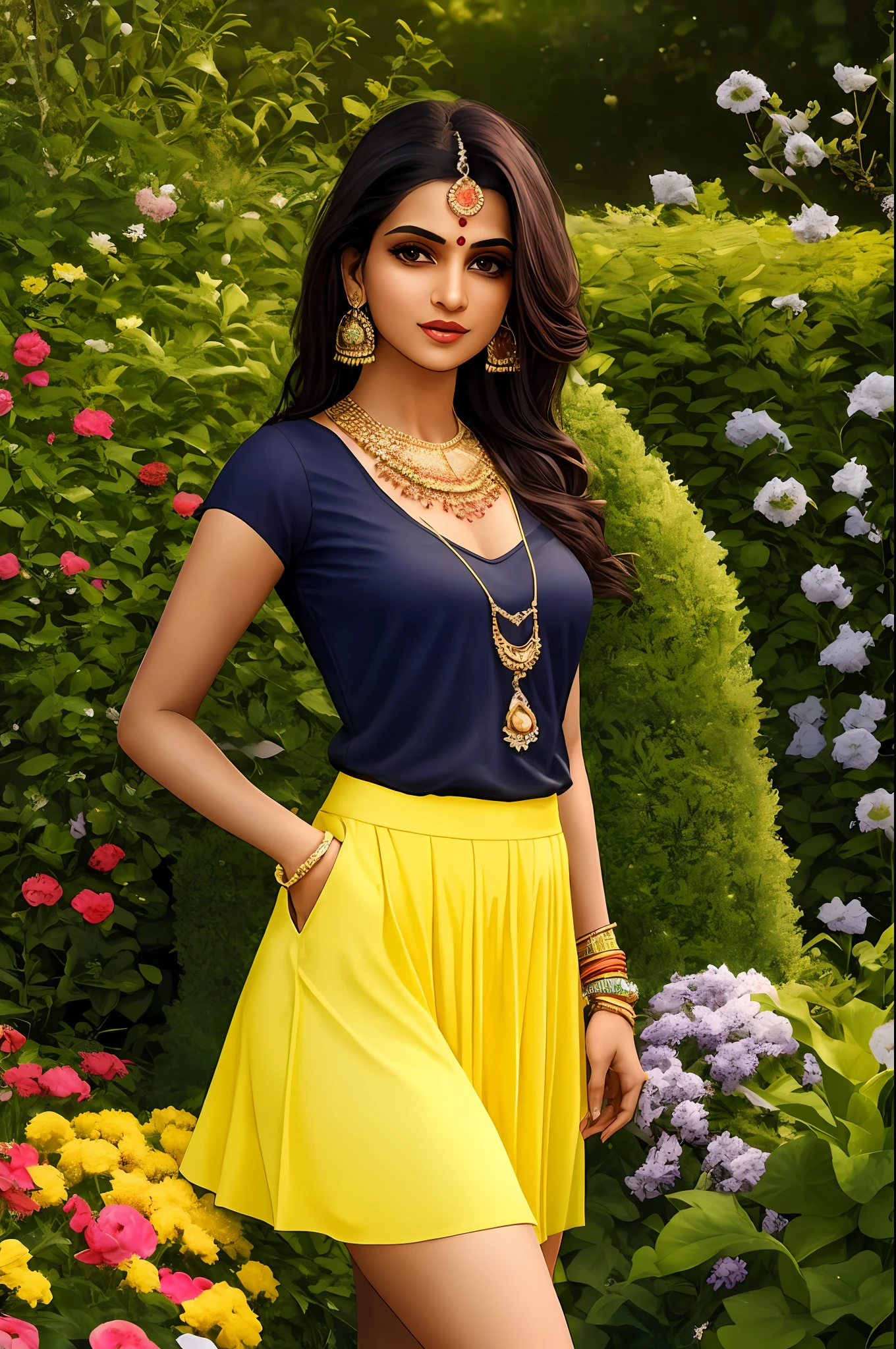 Sure! Here's an optimized prompt based on the given description:
"A seductive Indian girl, adorned with exquisite jewelry, wearing a dark blue top and light yellow  raffle skirt . Showcasing her  legs in a realistic and highly detailed manner, she poses alluringly in  front of the camera. In garden. Sexy pose