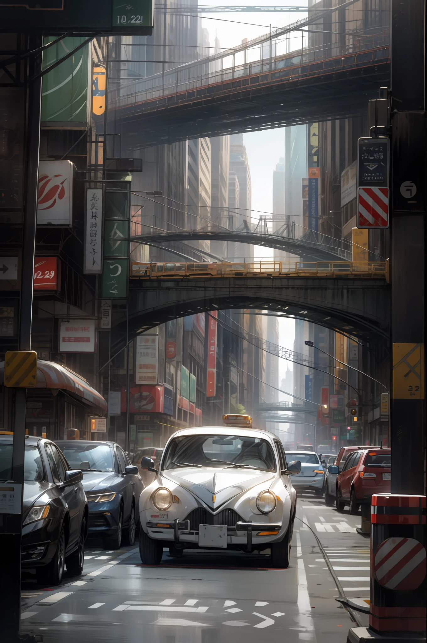 Scene of a 1920s New York intersection, many classic car-shaped electric cars coming and going, monorails in the upper layers of the city can be seen in the distance