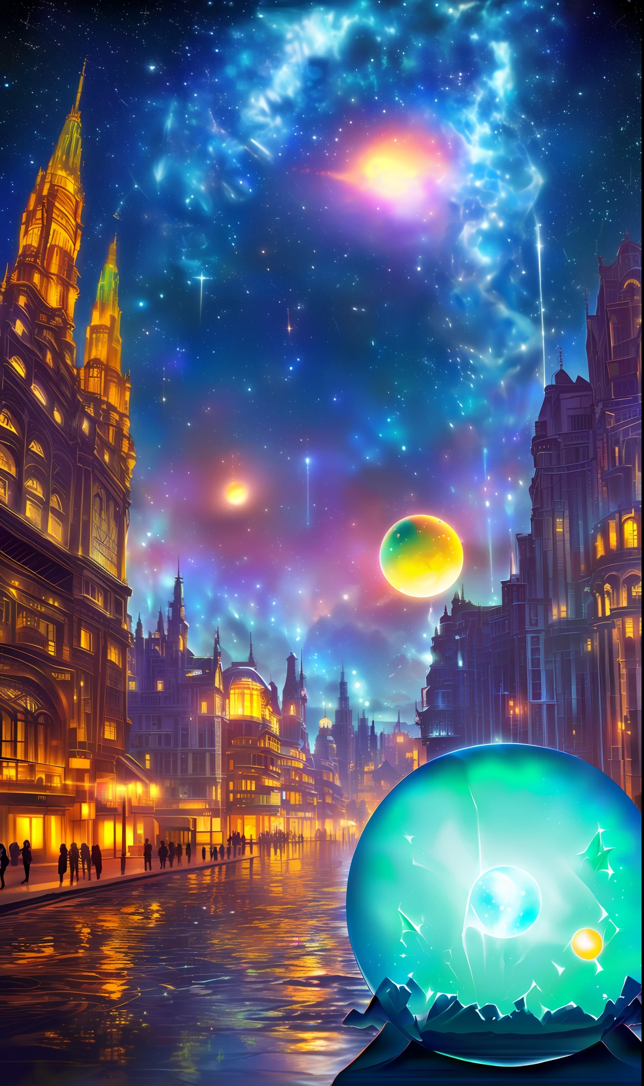 The painting depicts a futuristic world where humans have mastered the technology of space travel and explored the entire galaxy. In the picture, a huge spaceship is suspended in the starry sky, surrounded by various strange planets and moons.

The surface of the spacecraft is made of a shimmering metal that reflects a dazzling light. In the center of the spaceship, there is a huge city, towering into the clouds, consisting of countless buildings and towers. The exterior walls of the city are made of a transparent material that allows people to see inside.

In the center of the city, there is a huge crystal ball that radiates a soft glow, as if it is the center of the whole world. Around the crystal ball are a group of mysterious creatures, their bodies are transparent, as if they are made of energy. The creatures are dancing around a crystal ball, and their movements are graceful and fluid, reminiscent of a ballet dancer.

The background of the picture is a vast starry sky, with stars shining with different colors and lights. In the starry sky, there are also a number of vehicles and asteroids that seem to be spinning around the ship.

The whole painting is full of science fiction, but it does not lose its beauty and dreamy feeling. Its detail is very delicate, and every element is depicted very realistically. This painting makes people feel the infinite possibilities and bright prospects of the future.