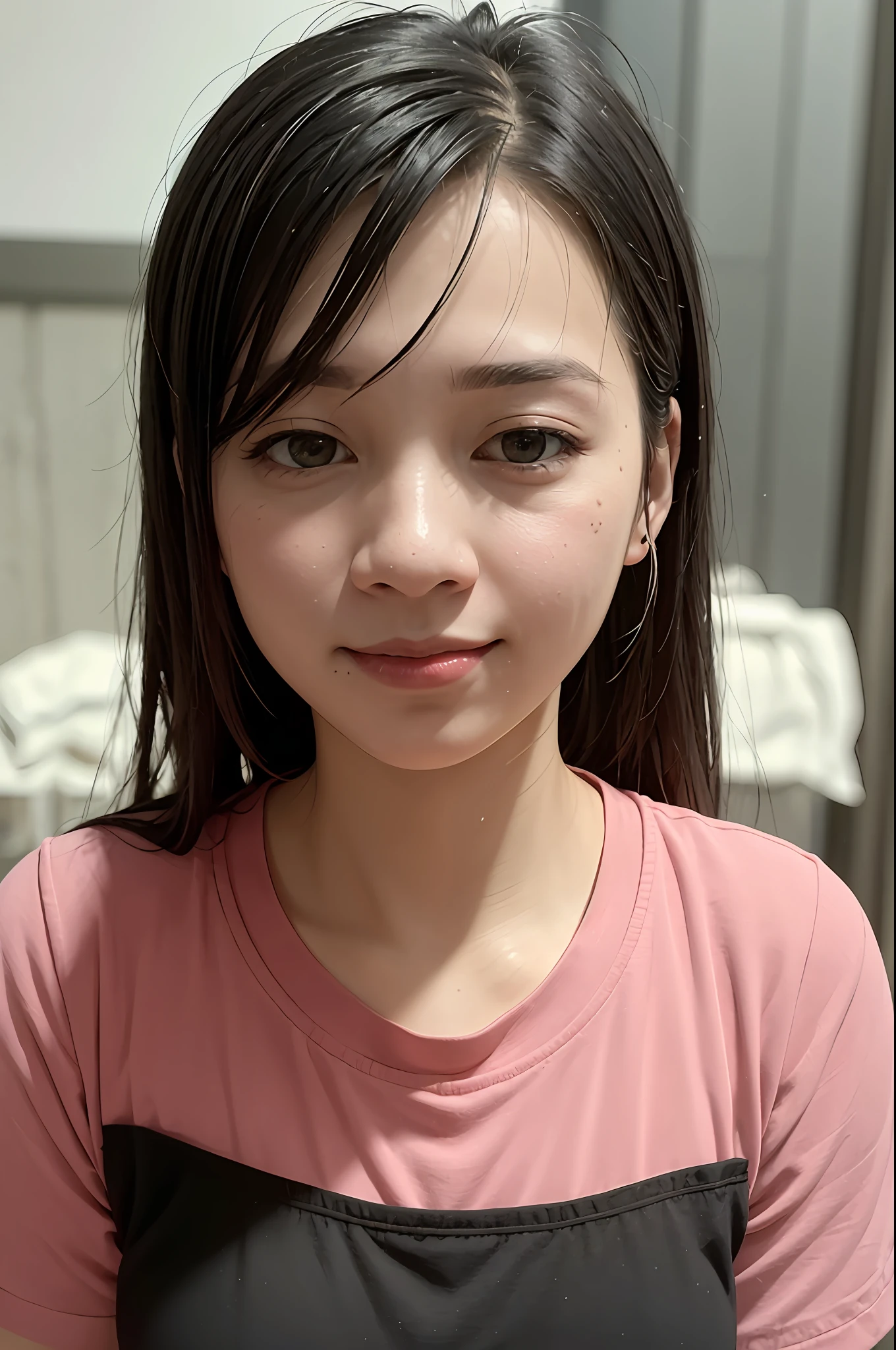 (8k), (best quality), (masterpiece:1.2), (realistic), (photorealistic:1.37), ultra-detailed, 1girl, cute, smile, closed mouth, beautiful detailed eyes, beautiful detailed nose, full body, wet hair, medium breasts, dalcefo, pigsney,Student uniforms,Thick thighs
