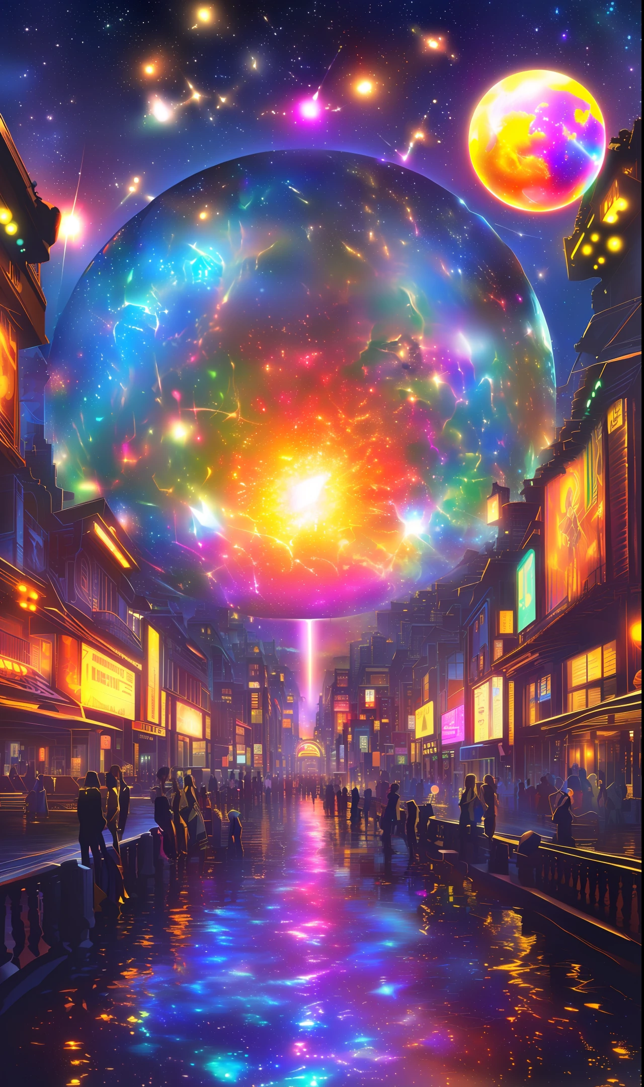 The painting depicts a futuristic world where humans have mastered the technology of space travel and explored the entire galaxy. In the picture, a huge spaceship is suspended in the starry sky, surrounded by various strange planets and moons.

The surface of the spacecraft is made of a shimmering metal that reflects a dazzling light. In the center of the spaceship, there is a huge city, towering into the clouds, consisting of countless buildings and towers. The exterior walls of the city are made of a transparent material that allows people to see inside.

In the center of the city, there is a huge crystal ball that radiates a soft glow, as if it is the center of the whole world. Around the crystal ball are a group of mysterious creatures, their bodies are transparent, as if they are made of energy. The creatures are dancing around a crystal ball, and their movements are graceful and fluid, reminiscent of a ballet dancer.

The background of the picture is a vast starry sky, with stars shining with different colors and lights. In the starry sky, there are also a number of vehicles and asteroids that seem to be spinning around the ship.

The whole painting is full of science fiction, but it does not lose its beauty and dreamy feeling. Its detail is very delicate, and every element is depicted very realistically. This painting makes people feel the infinite possibilities and bright prospects of the future.