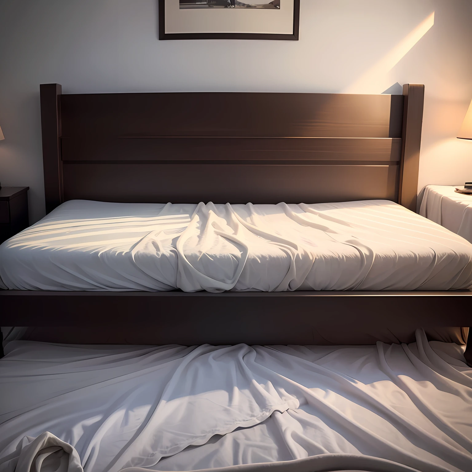 Above bed, unattended, nobody, wide bed, front, bottom to top camera angle, illustration style, no one, only bed --auto