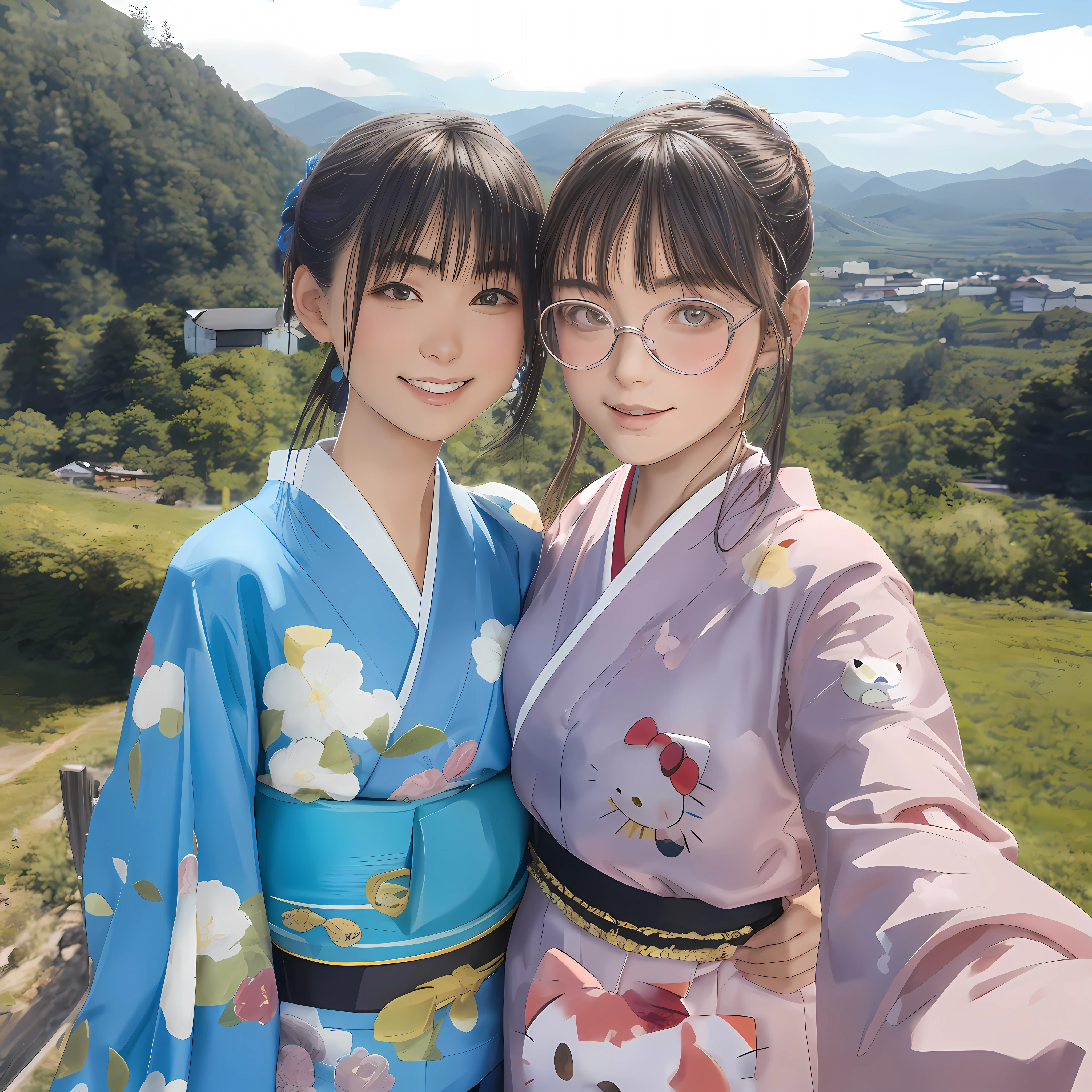 A Japan young Russian girl in a blue kimono and a young Russian girl wearing a purple kimono with lots of Sanrio characters printed on it and round glasses on her face are taking a selfie. Japan girl puts her hands on the waist of a Russian girl. The background is a farming village in Nara Prefecture in Japan, a landscape seen from a high mountain, with a blue sky, distant mountains, spreading fields and greenery