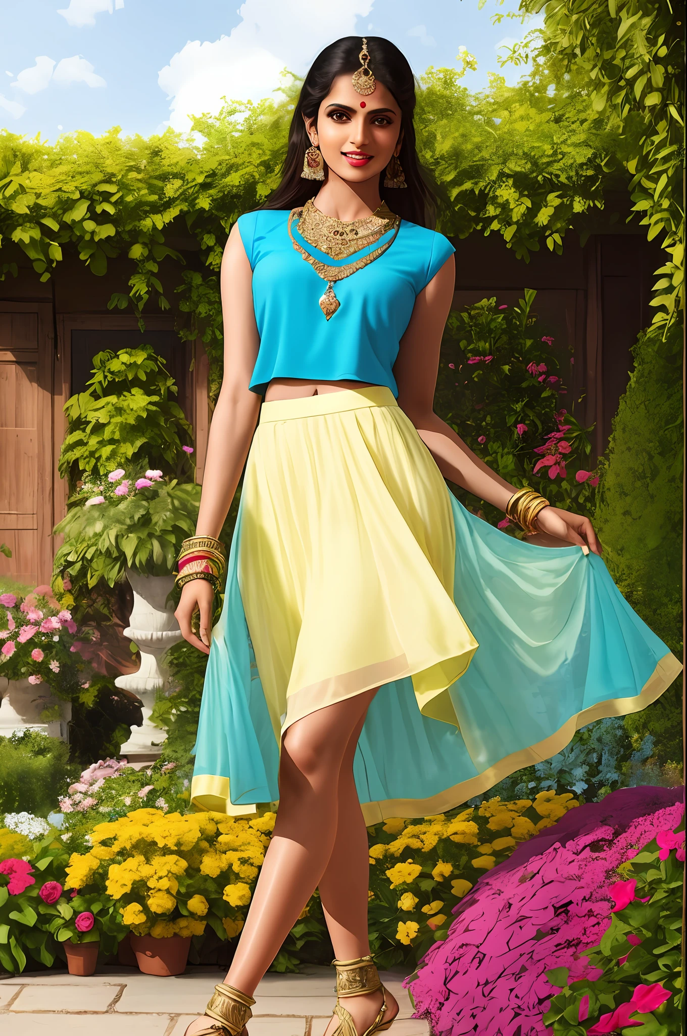 Sure! Here's an optimized prompt based on the given description:
"A seductive Indian girl, adorned with exquisite jewelry, wearing a light sky blue top and light yellow  raffle skirt . Showcasing her  legs in a realistic and highly detailed manner, she poses alluringly in  front of the camera. In garden. Sexy pose
