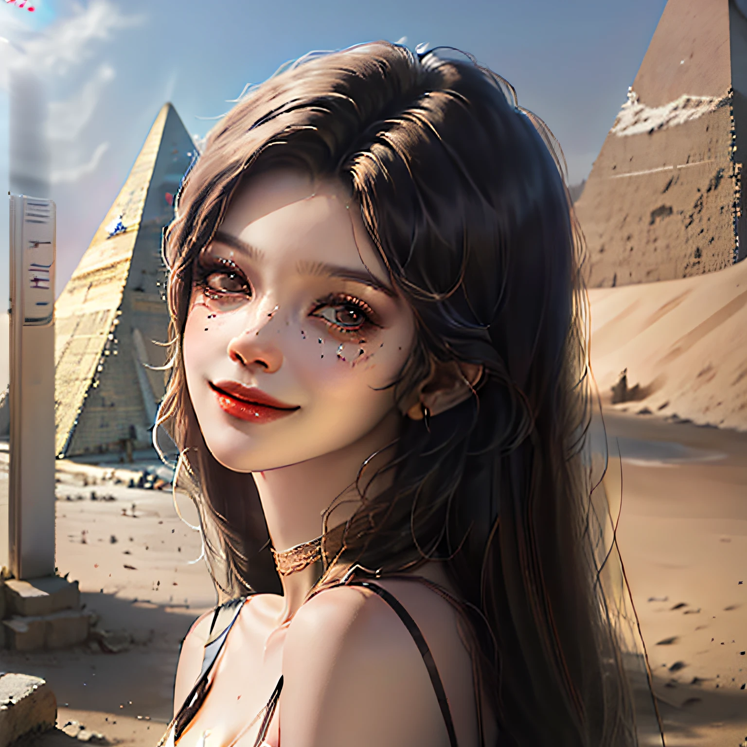 best quality, masterpiece, photo realistic, intricate details, raw photo, photon rendering, octane render, absurdres, ultra detailed, detailed face, detailed skin, trending on artstation, 8k masterpiece, cinematic lighting, ( (1girl)),((solo)),((looking_at_viewer)),trending on cg society,plasticien,((black long hair)),((beautiful woman)),(Smile),sexy lingerie, lingerie, underwear, bra,((Egyptian pyramid)),((sexy)),wind blowing hair, ((flowing hair)),happy,fashion magazine,