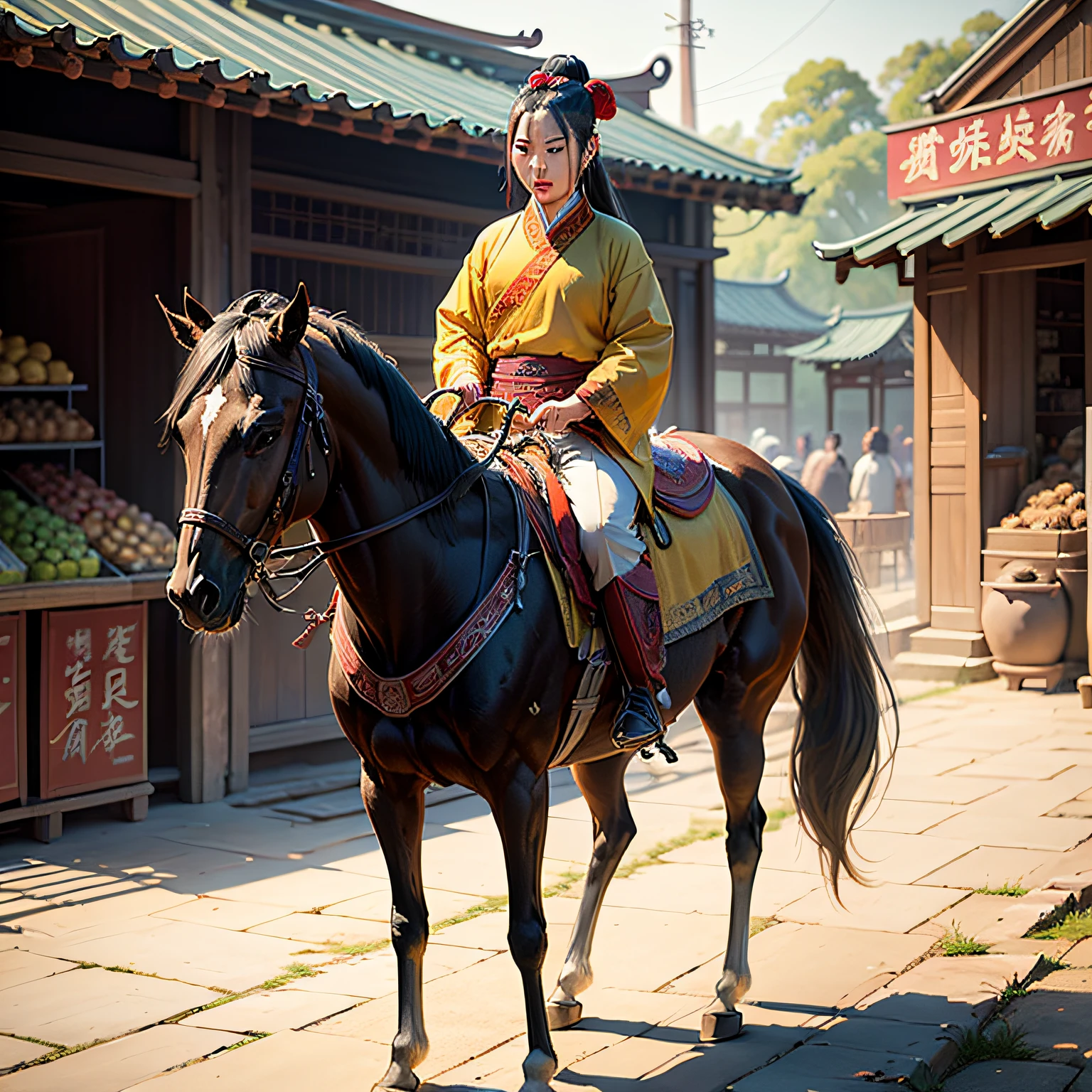 Tradition Chinese Ink Painting style of In an ancient Chinese market, Hua Mulan bought horses in the east, saddles in the west, bridle in the south and long whips in the north., --auto