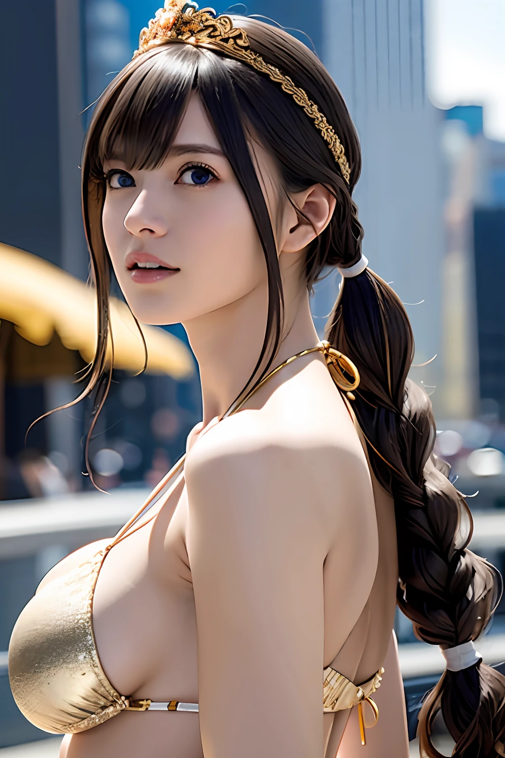 Ultra-detailed complex 3D rendering of the face, (Colossal: 8.8), (masterpiece, top quality, octane rendering, 8K), glamour shot full body image, cleavage, (very detailed skin: 1.2), (exposure: 1.1), brown hair, ((Minuscule gold microbikini: 1.95)))))), very ridiculous, beautiful Caucasian woman with full soft breasts and white skin with big ass, one, long braided hair, dynamic angle, mystical expression, ultra-realistic photo, (((portrait)))), bare feet, futuristic city background, facial muscles, detailed and beautiful queen's crown, artStation trend, clear focus, studio photography, intricate detail, highly detailed, detailed red eyes, highly detailed, sharp focus, digital rendering, Professional, abs, shot with Canon EOS R 6, ((Sexy Pose))), Buttocks: 1.2, Perfect Body Beauty: 1.4, Lower Chest,