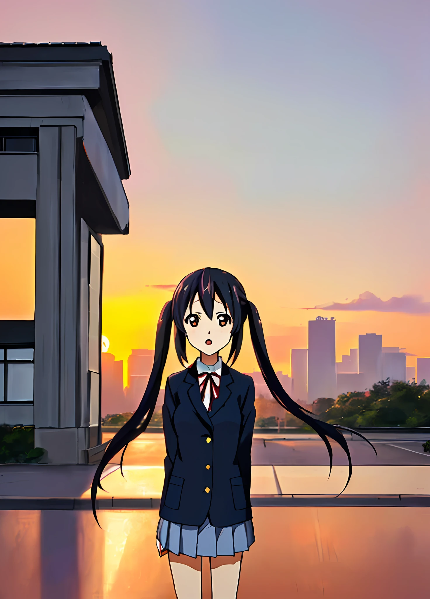 1girl, ((((Masterpiece))), Best Quality, Best Quality, High Detail, Azusa Nakano, 1girl, Sakuragaoka High School Uniform, Musical Instrument, School Uniform, Twin Tails, Long Hair, Black Hair, Brown Eyes, Solo, Red, Dark blue blazer with a thin ribbon of red, Solid white button shirt under blazer, Illustration, Cartoon, Soothing tones, Muted colors, Soft cinematic light, Adobe Lightroom, Photo Lab, HDR, complex and highly detailed, (((depth of field))))). (((Masterpiece))). (((highest quality))).) ((super detail))). (((Illustration))). (((Outside))). (((fighting stance))).,((((Giantization))).dynamic focus.small breasts. (((skyscrapers))). (((Cityscape))). (((Despair Face))). open mouth. (((Sunset))). (((Sunset))).
