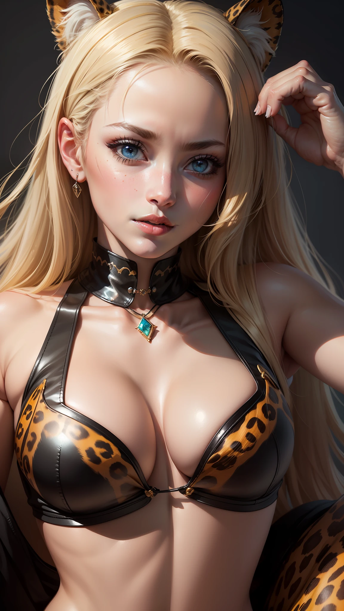 (Ultra Real), (Illustration), (High Resolution), (8K), (Very Detailed), (Best Illustration), (Beautiful Detailed Eyes), (Best Quality), (Ultra Detailed), (Masterpiece), (Wallpaper), (Detailed Face), Solo 1 Girl,Female Leopard Pose,Full Body
