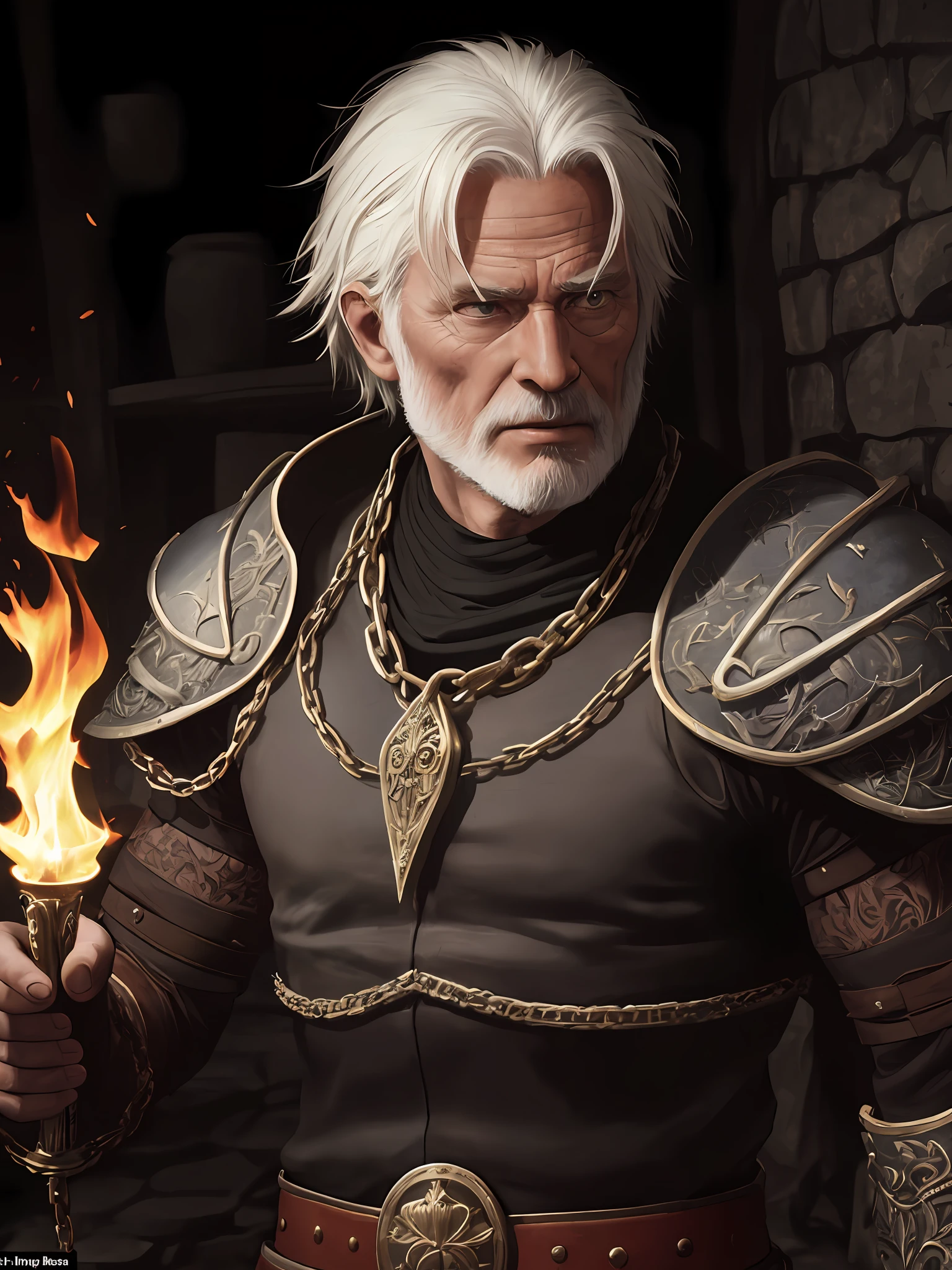 (High quality: 1.3), cinematic shot, masterpiece, (sharp focus: 1.5), (photorealistic: 1.3), medium portrait of (an old warrior, but still proud and fierce, now the leader of his village, dressed in elaborately detailed chain mail and leather armor, some torches burn on the walls, giving the scene a somber atmosphere, but carving the shapes in crisp chiaroscuro),  is night, (highly detailed skin), (detailed face), detailed background, dark lighting, twilight lighting, volumetric lighting, complex details, UHD,