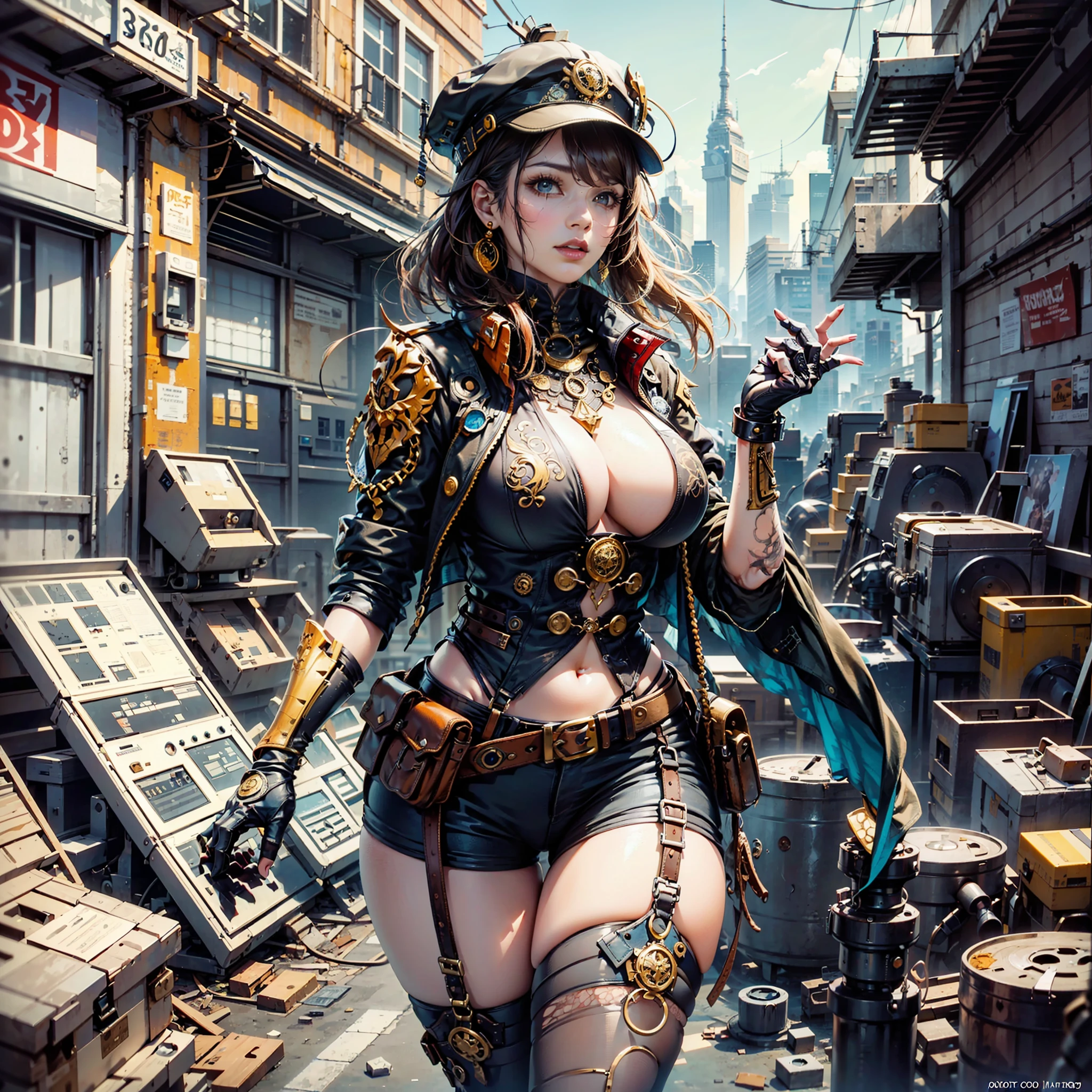 cuclillas,woman rummaging through a junkyard,vertedero steampunk,steampunk clothes,intricade insane detail clothes,ultra realistic 8k cg, picture-perfect face, flawless, clean, masterpiece, professional artwork, famous artwork, solo,extremely detailed, beautifully detailed background,depth of field,full body, normals hair colors,