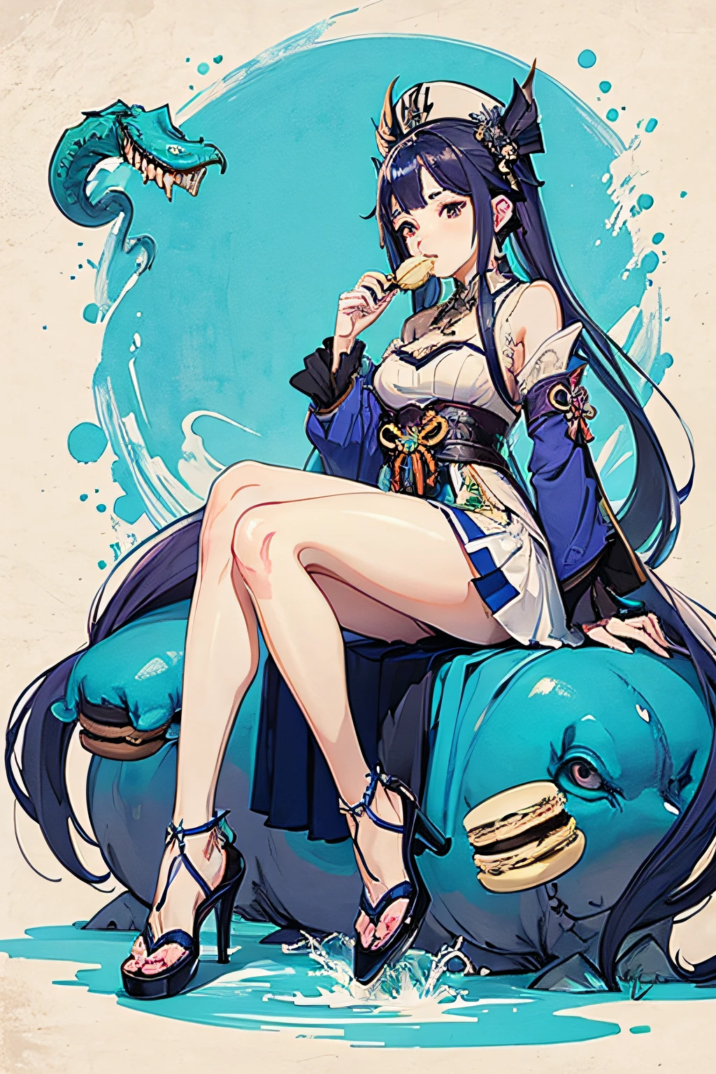 Genshin Yura, Cthulhu style, tsundere, eating macarons, blue tones, tall, long legs, long skirt and big white legs