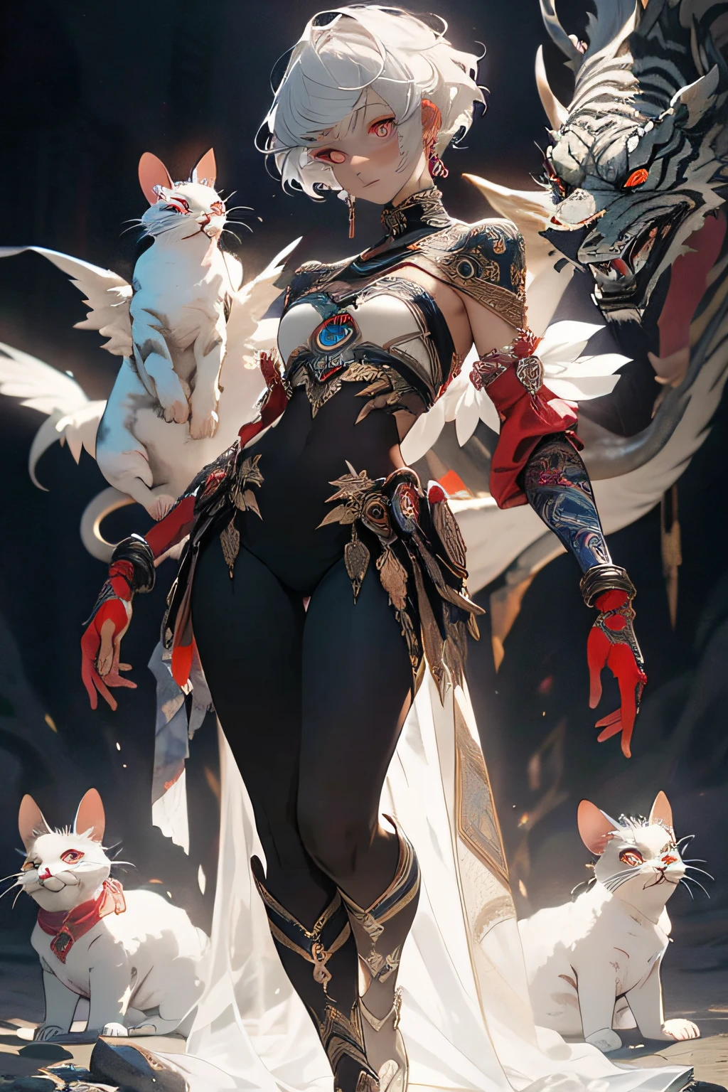 Realistic, (Masterpiece, Top Quality, Best Quality, Official Art, Beauty and Aesthetics: 1.2), Very Detailed, Fractal Art, Colorful, Most Detailed, Zentangle, (Abstract Background: 1.5), God, White Hair, Short Hair, (Glowing Red Eyes), Mysterious, (Magic), Ice, Pretty Woman, (White Mouse: 1.5), Egyptian Style, Full Body Display