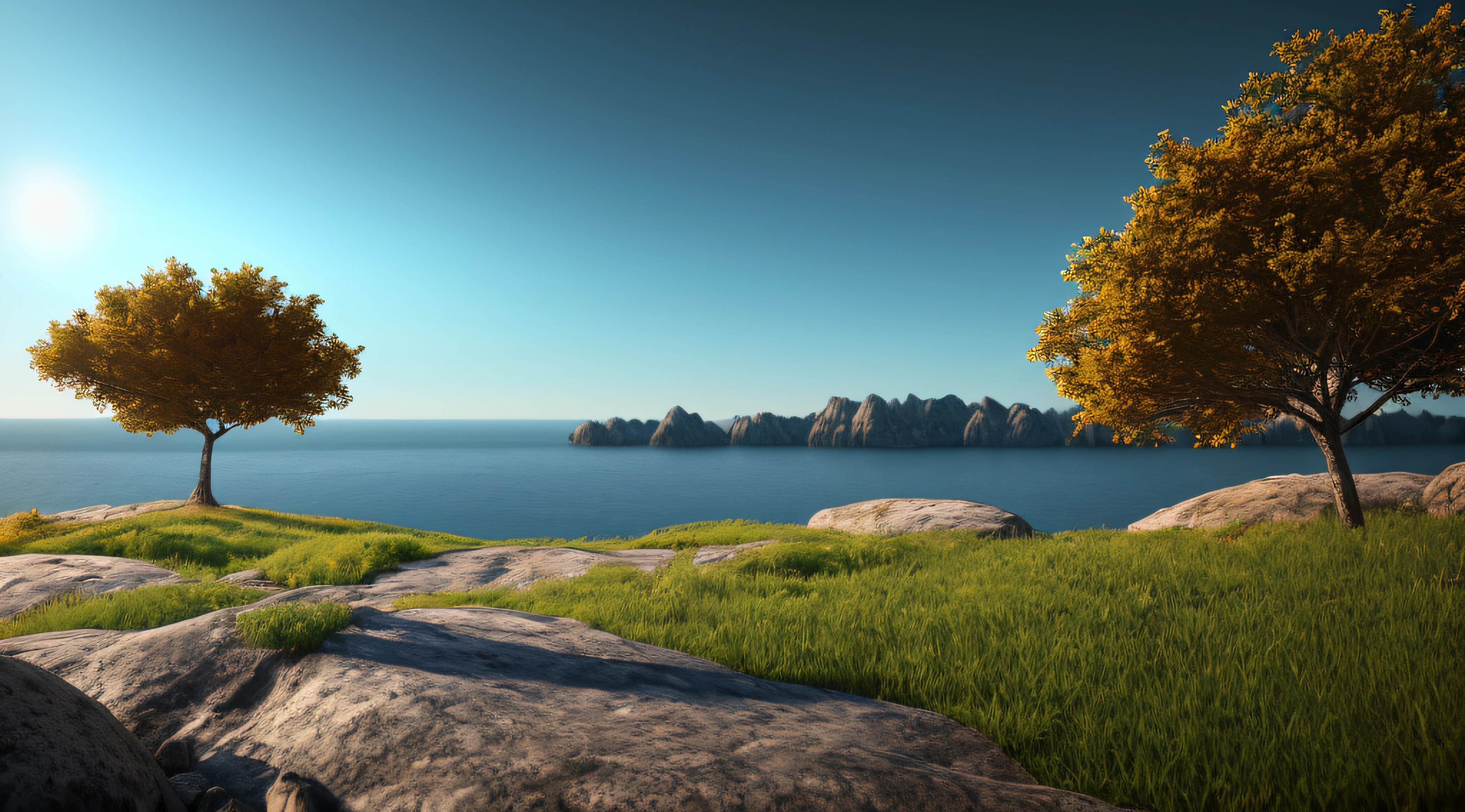 A peaceful place, very pleasant, aesthetic, calm, scenic. photorealistic, 8k uhd, studio quality, ultra realistic, max detail, massive scale, post-processing, realistic, photorealism, photoshop, photography, detailed, cinematic lighting, landscape, panoramic, landscape, raytracing, cinema4d