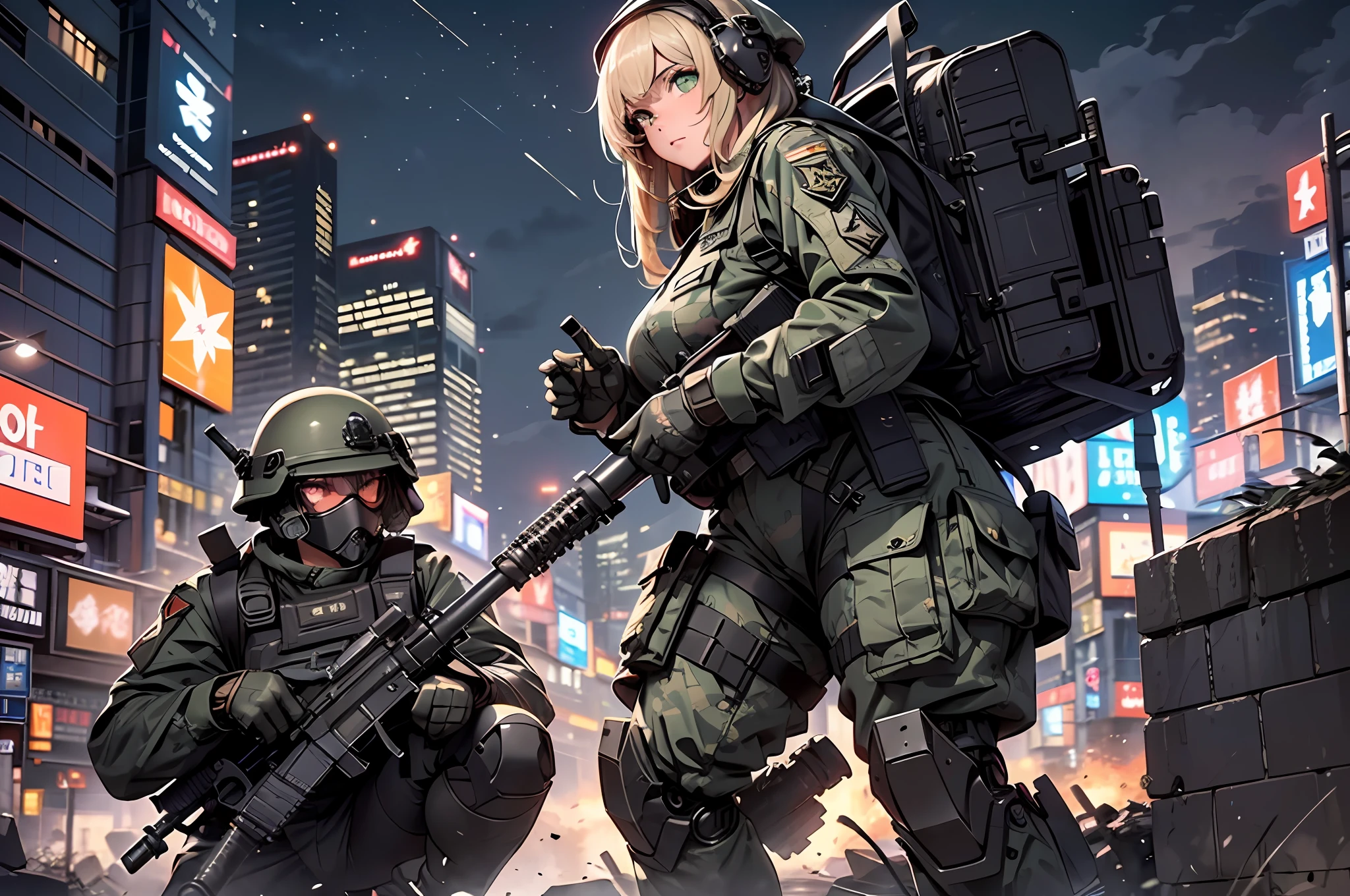 {{Masterpiece, top quality, highly detailed CG, 16K, movie lighting, lens flare}}, (1 girl soldier sniping a huge military robot with a large rifle), (black combat uniform), wide view, thick body, Photorealism: 1.4, long blonde hair, green eyes, have multiple weapons, aiming accuracy 1.4, anti-tank gun, direct light, on rubble, 35mm depth of field, f/1.8, night footage, (((Special Forces SWAT in combat Shinjuku at night)), (sniping with a large rifle), from side, HDR, hyper detailed, giant robot wreckage, (wide angle lens), after-findings