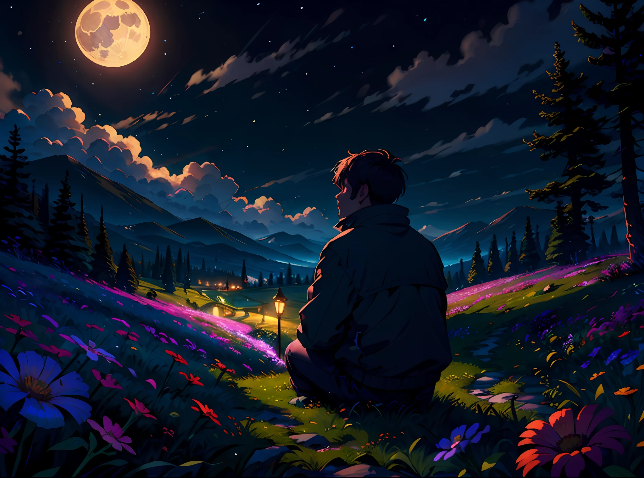 (masterpiece:1.2, best quality), (super detailed), (illustrated), (super high), (exquisite illustration), (super detailed), (ultra detail:1.3), light professional lighting, cinematic lighting, (nostalgic and peaceful: 1.3), professional (landscape painting) nature, moonlight, moonlight on the meadow, 1 person watching the moon, purple flowers on the grass (clouds) black, dark night, big and full moon, dark light)