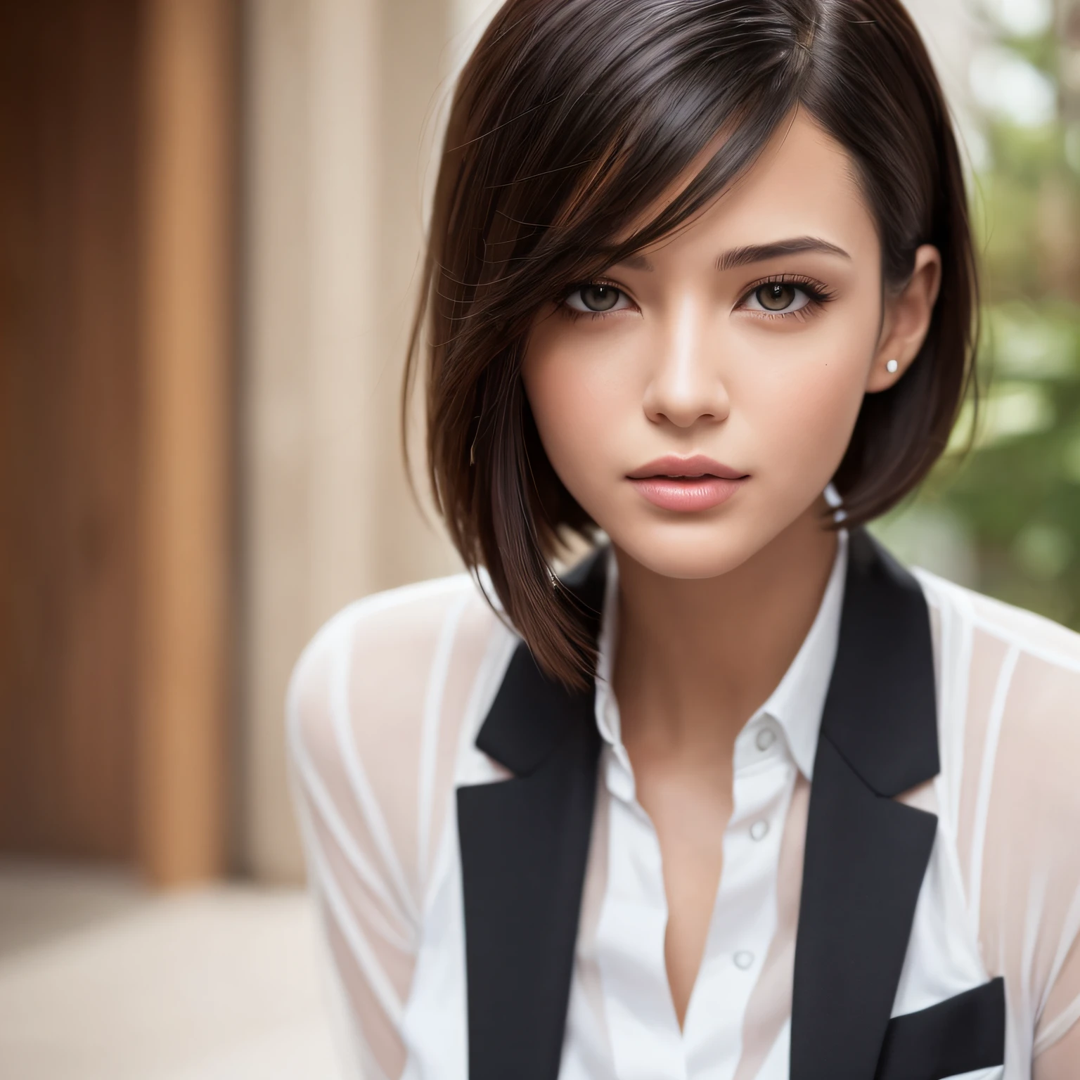 A close up of a woman in a white shirt and black jacket - SeaArt AI