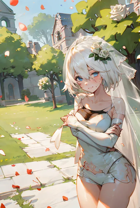 masterpiece, best quality, 1 girl, nier.2b\ (bride\), hair in one eye, bridal veil, dress, thighs, faint smile, arms crossed, ch...