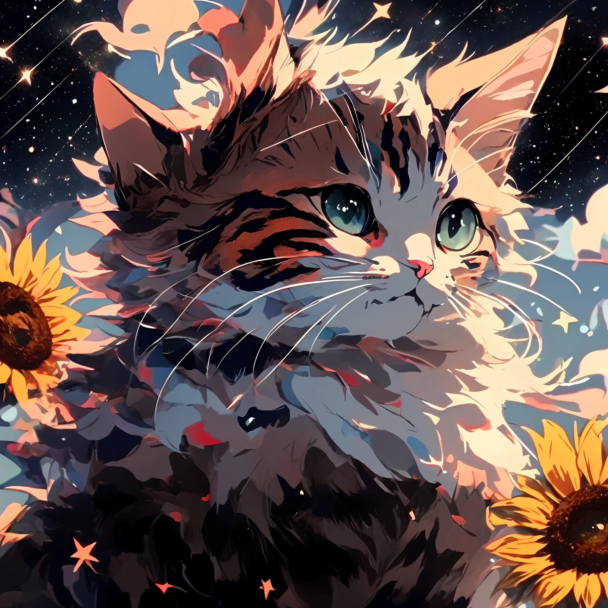 Anime art wallpaper, starry sky on background, cat head appearance, 4K transparency. Realistic and cute anime cat drawn in detail, digital art style. 8K high-definition digital animation wallpaper, ultra high definition value, small and cute, the most exquisite digital animation art,around sunflower field