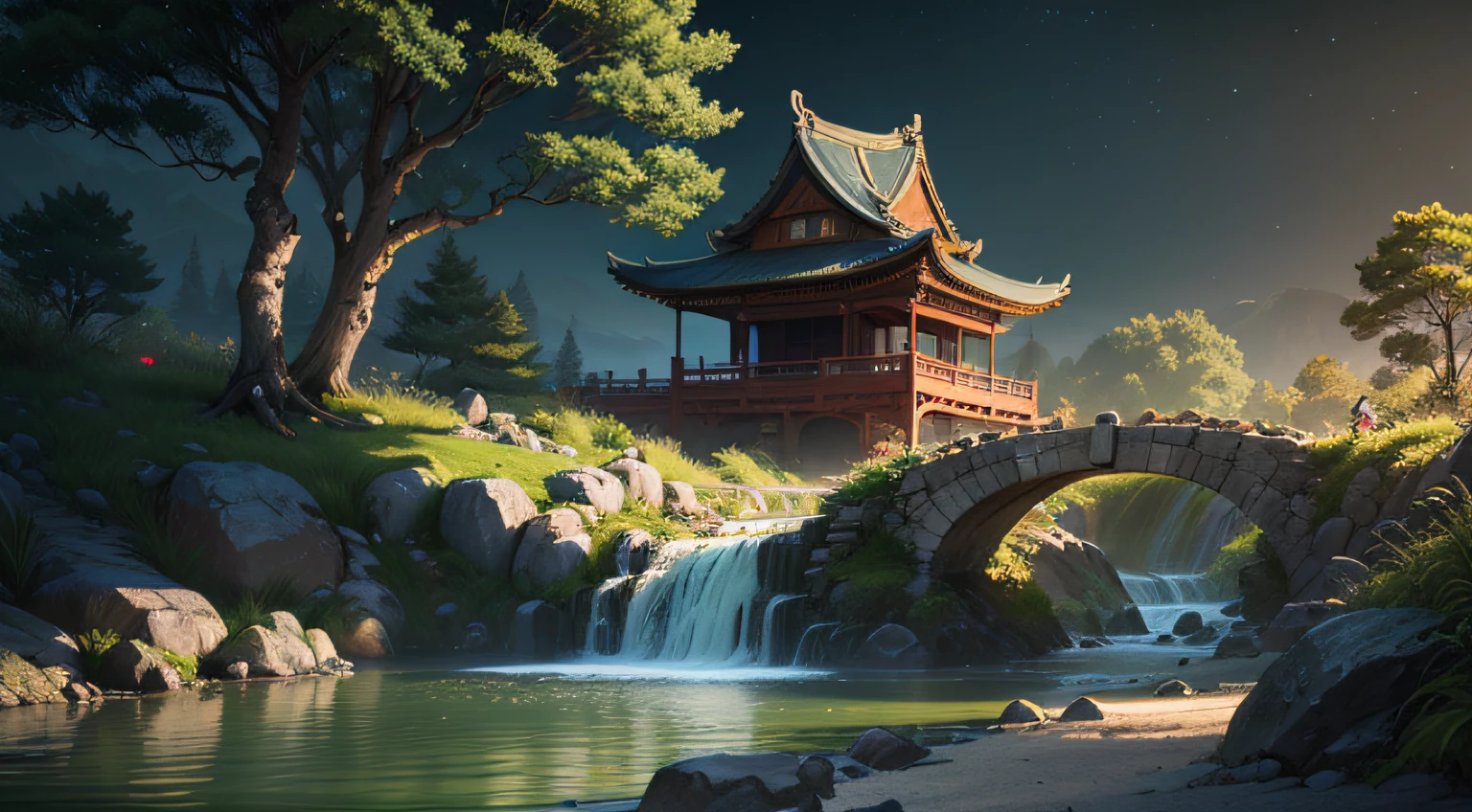 Ancient Chinese architecture, moon, night, garden, bamboo, lake, stone bridge, rockery, arch, corner, rockery, tree, running water, landscape, outdoor, waterfall, grass, rock, water lily, hot spring, water vapor, (Illustration: 1.0 ), Epic Composition, Realistic Lighting, HD Details, Masterpiece, Best Quality, (Very Detailed CG Unity 8k Wallpaper), (Best Quality) --auto