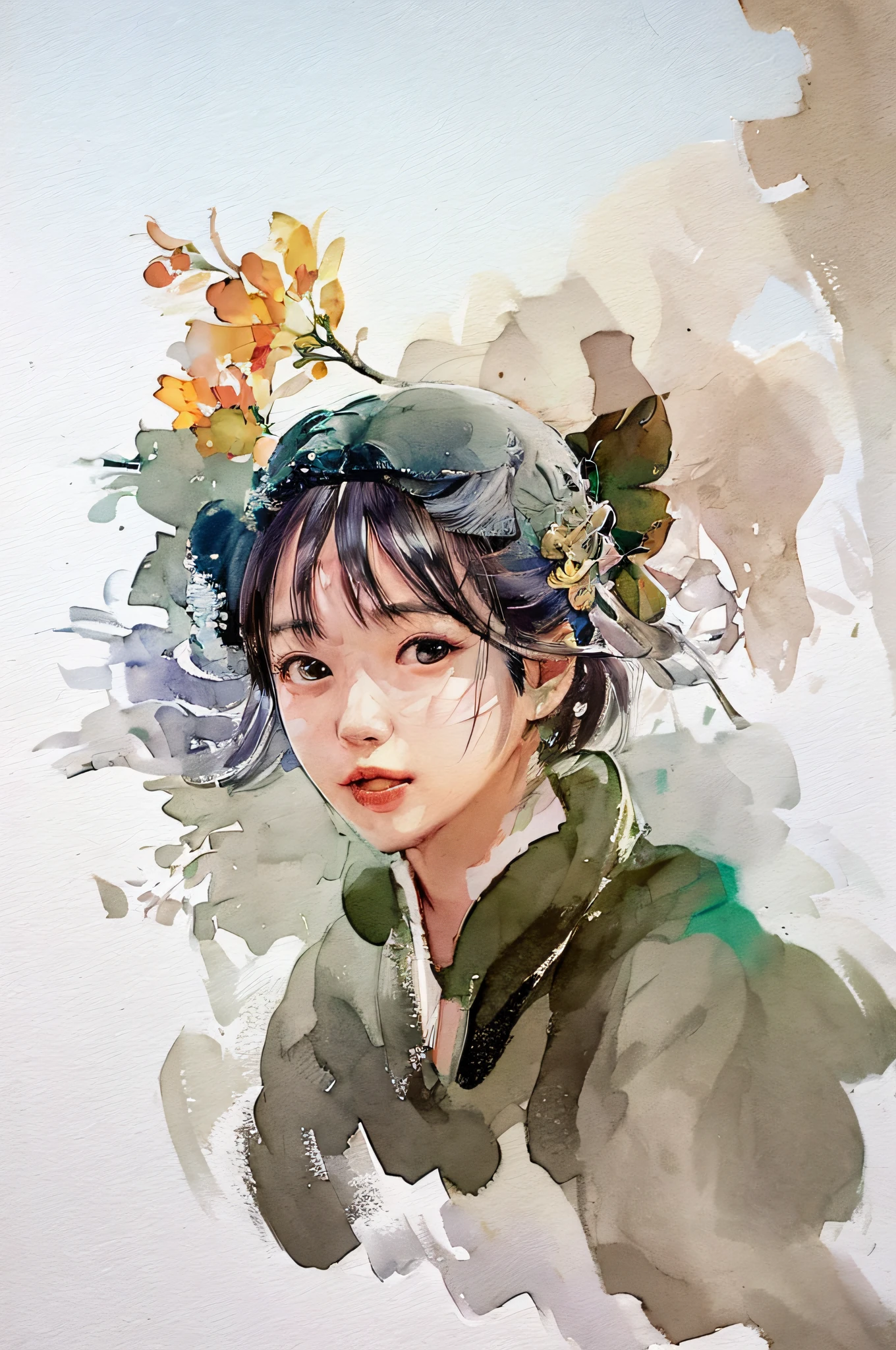 (upper body: 1.5), (white background: 1.4), ((tachi-e)), original work, (illustration: 1.1), (best quality), (masterpiece: 1.1), (extremely detailed CG unity 8k wallpaper: 1.1 ), (color: 0.9), (panorama: 1.4), (full body: 1.05), (single: 1.2), (splash ink), (splash color), ((watercolor)), clear and sharp, { 1girl standing },((chinese style )),(flowers,woods), outdoors, rocks, looking at the viewer, making a happy expression, soft smile, pure, beautyfull detailed face and eyes, beautyfull intricate clothing pattern details , black hair, black eyes, colored water