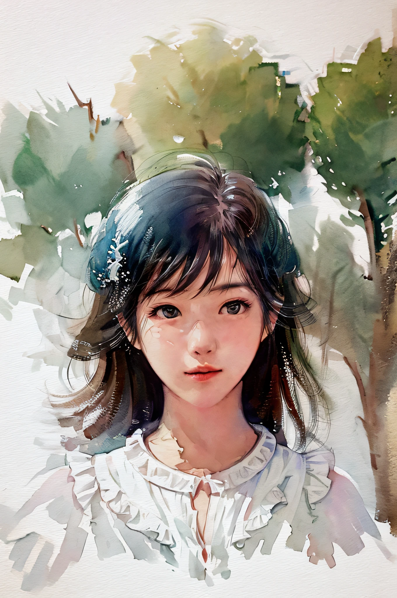 (upper body: 1.5), (white background: 1.4), ((tachi-e)), original work, (illustration: 1.1), (best quality), (masterpiece: 1.1), (extremely detailed CG unity 8k wallpaper: 1.1 ), (color: 0.9), (panorama: 1.4), (full body: 1.05), (single: 1.2), (splash ink), (splash color), ((watercolor)), clear and sharp, { 1girl standing },((chinese style )),(flowers,woods), outdoors, rocks, looking at the viewer, making a happy expression, soft smile, pure, beautyfull detailed face and eyes, beautyfull intricate clothing pattern details , black hair, black eyes, colored water