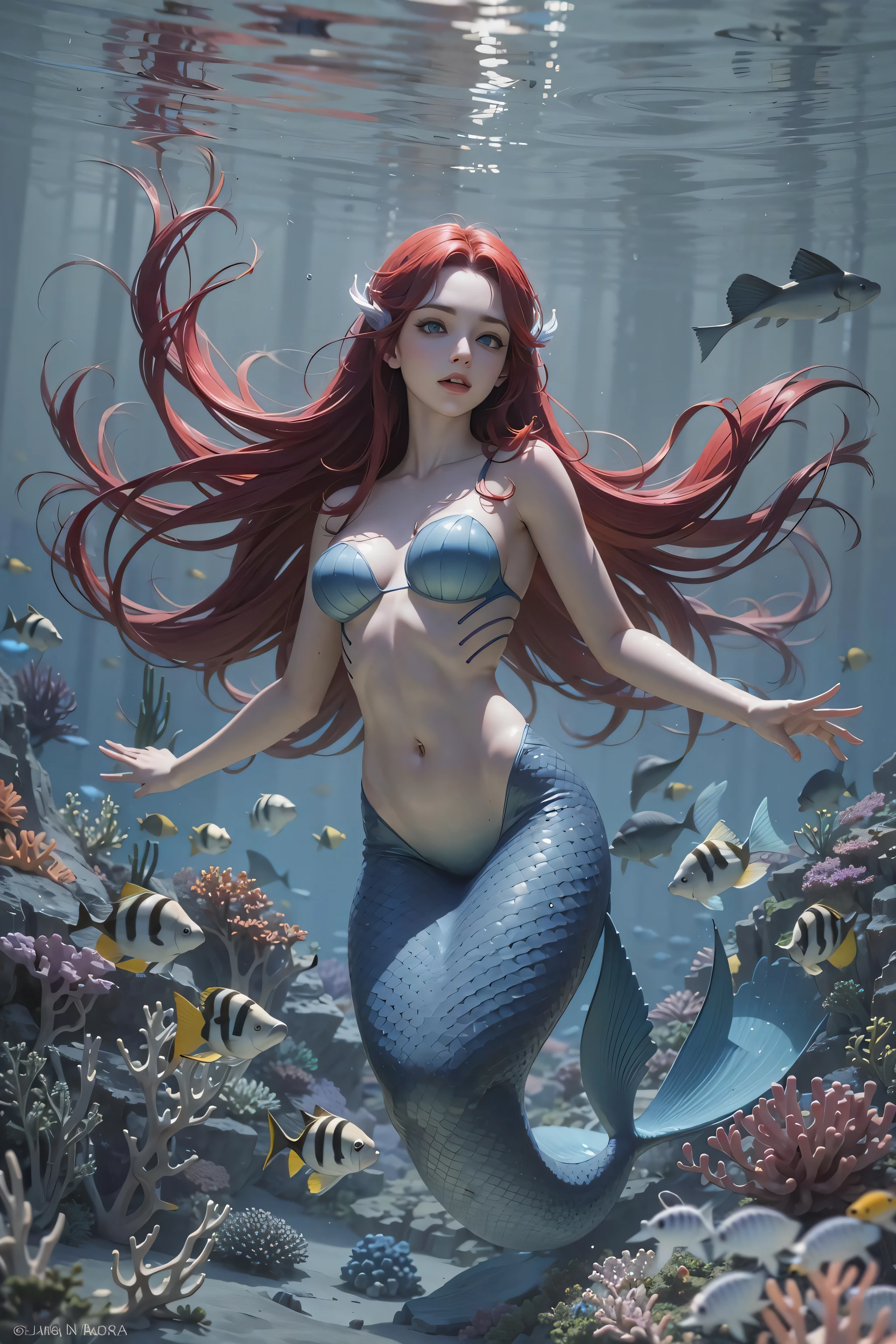 (masterpiece), (best quality:1.2), absurdres, [:intricate details:0.2], Under the sea, blue eyes, scales, a beautiful Little (Mermaid) swims gracefully with her bright red hair flowing behind her, surrounded by schools of colorful tropical fish, coral reefs, and sea anemones. The vibrant hues of blues, create a surreal and magical underwater world that leaves the viewer in awe.