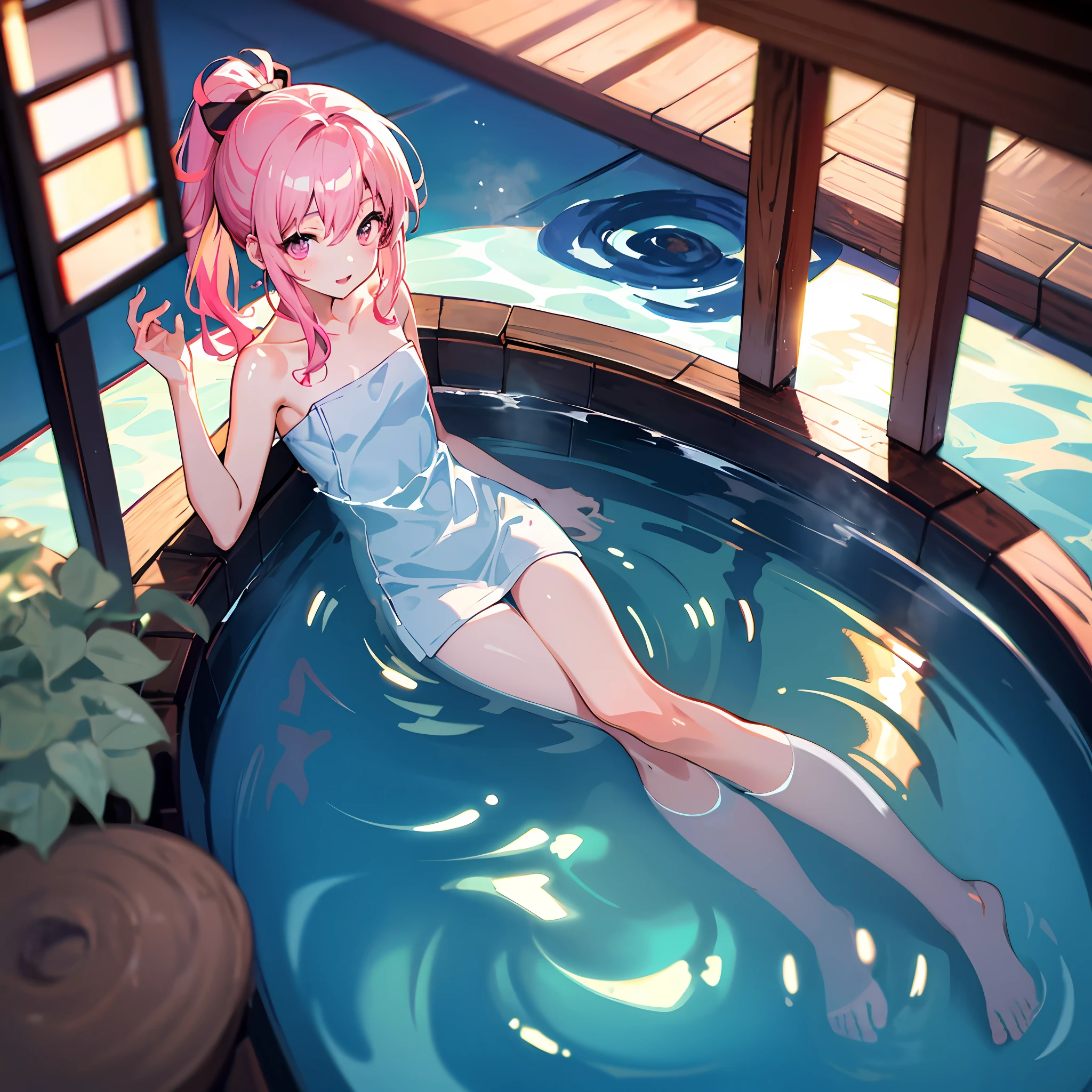 high resolution:1.7, incredibly absurdres, kawaii:1, cute:1.5, hires.fix:1. 5, anime visual:1, incredibly fine illustration, crystal clear white skin, asian girl, sensual, full body, young, middle school student, 13 years old, (hair color is pink), cute ponytail, hot spring inn, towel, soaking in hot water up to the shoulders