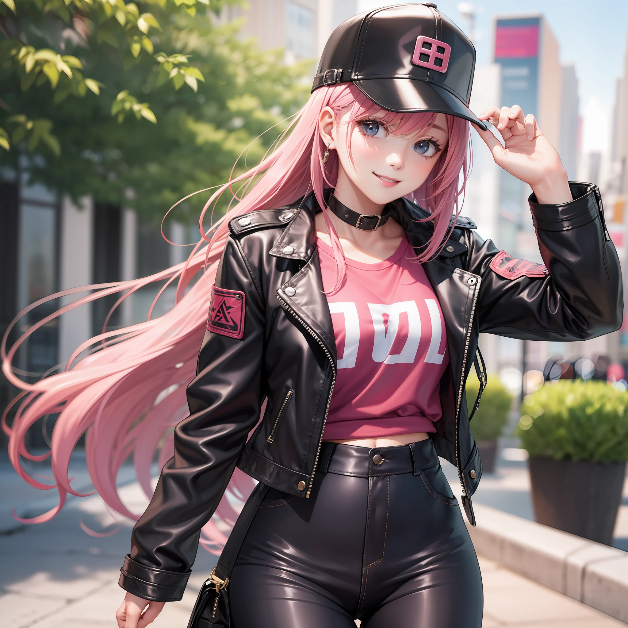 Leather Jacket Leather Jacket Girl Long Hair Pink Hair Smile Top Quality Masterpiece Leather Pants